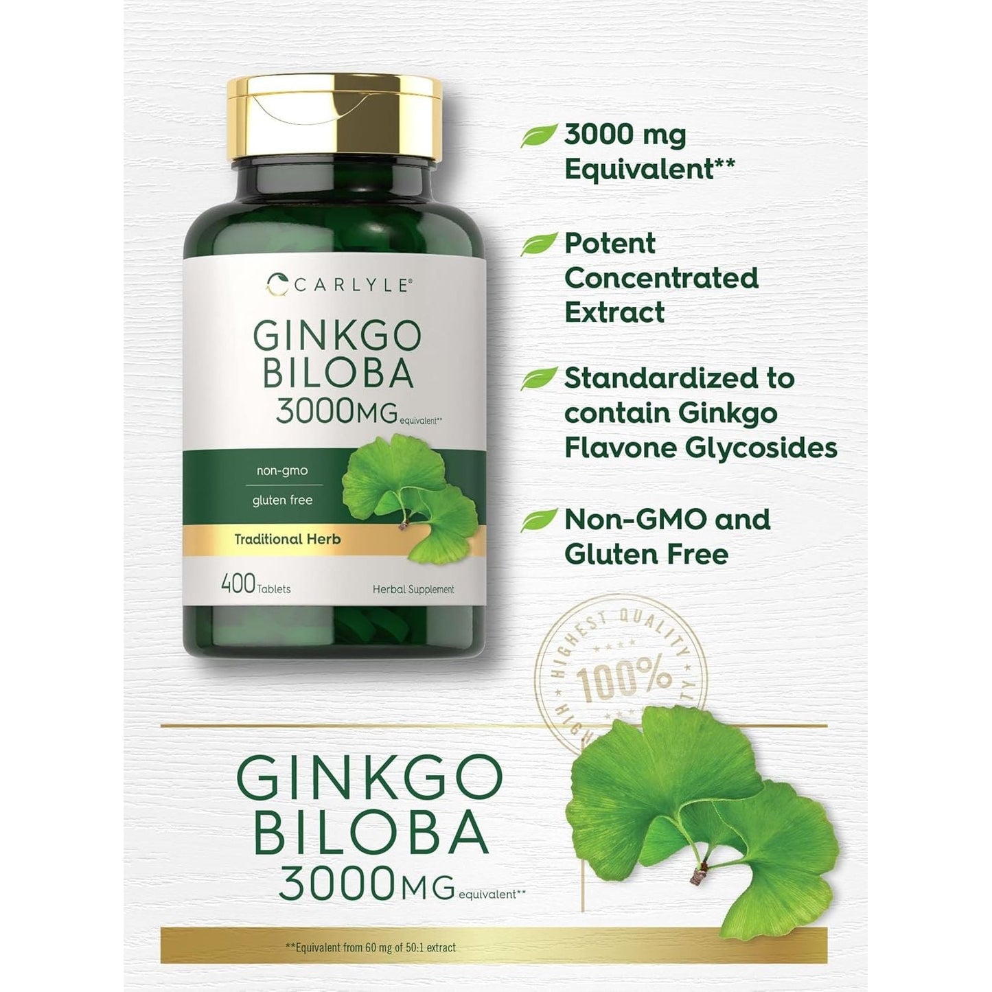 Carlyle Ginkgo Biloba 3000Mg | 400 Tablets | Non-Gmo, Gluten Free Herbal Supplement