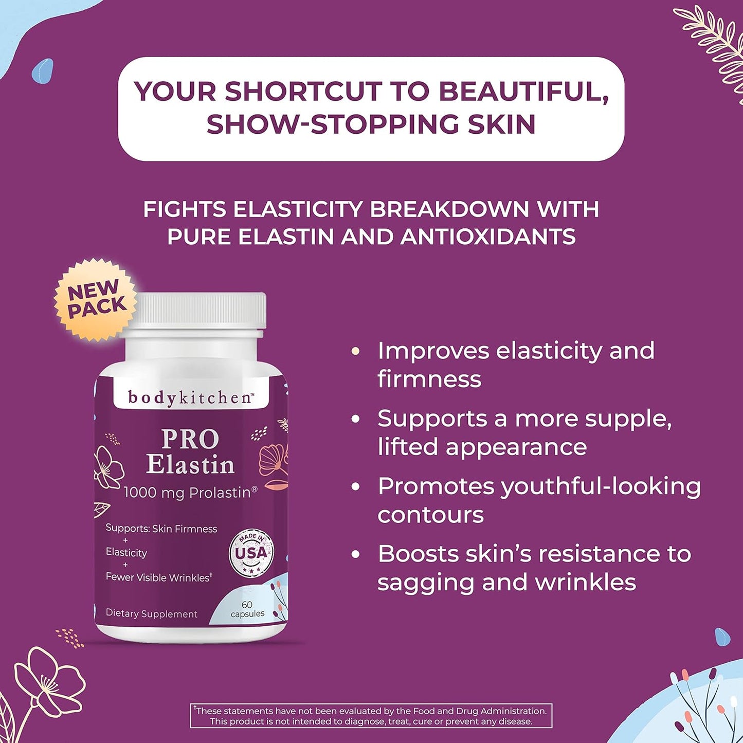 Body Kitchen Pro-Elastin, 1000 Mg, Help Reduce Signs of Aging, Improved Skin Health, Firmness & Elasticity, Fewer Wrinkles