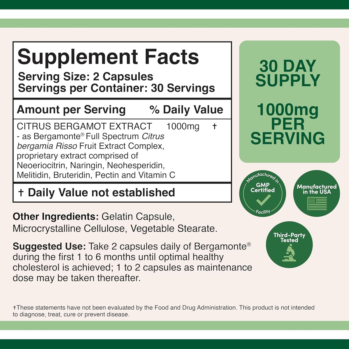 Citrus Bergamot Supplement  - 1,000Mg Servings (Sourced from Italy) (60 Capsules) by Double Wood