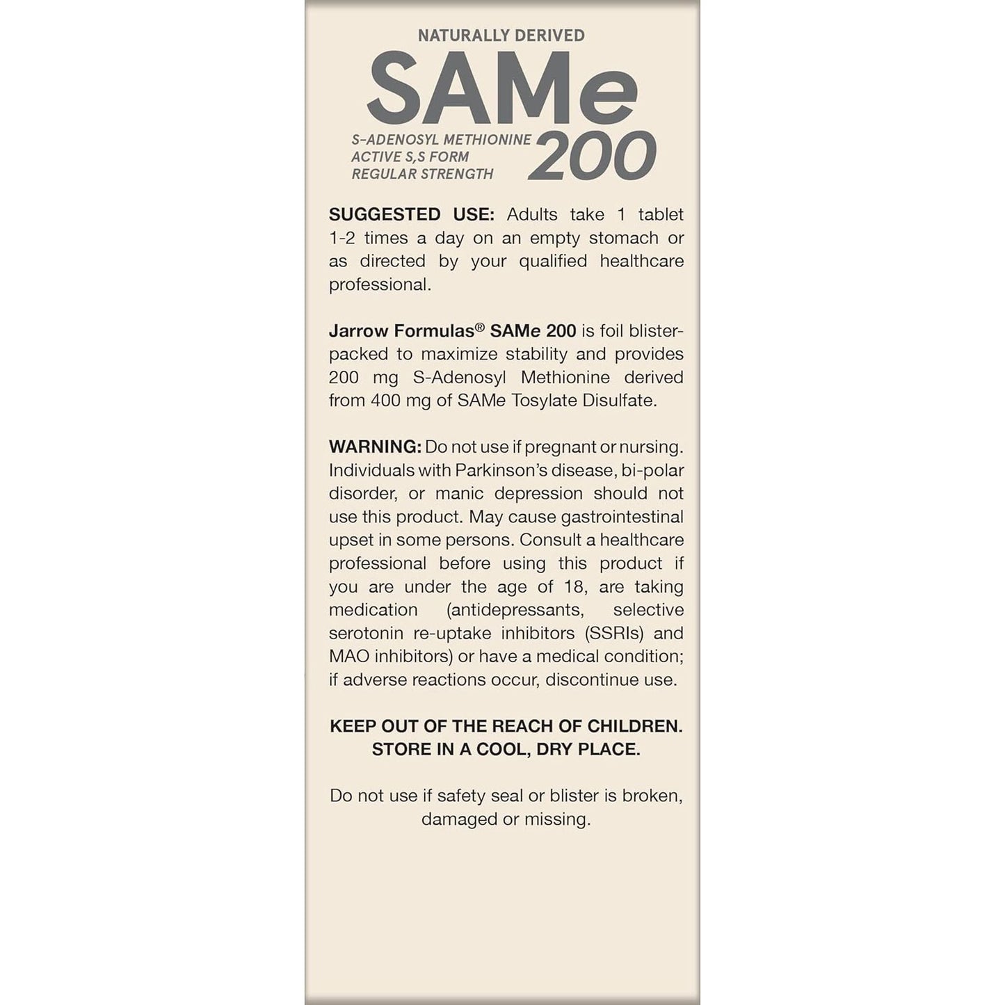 Jarrow Formulas® Same 200 Mg, Supports Joint Health, Liver Function, Brain Metabolism, 60 Tablets