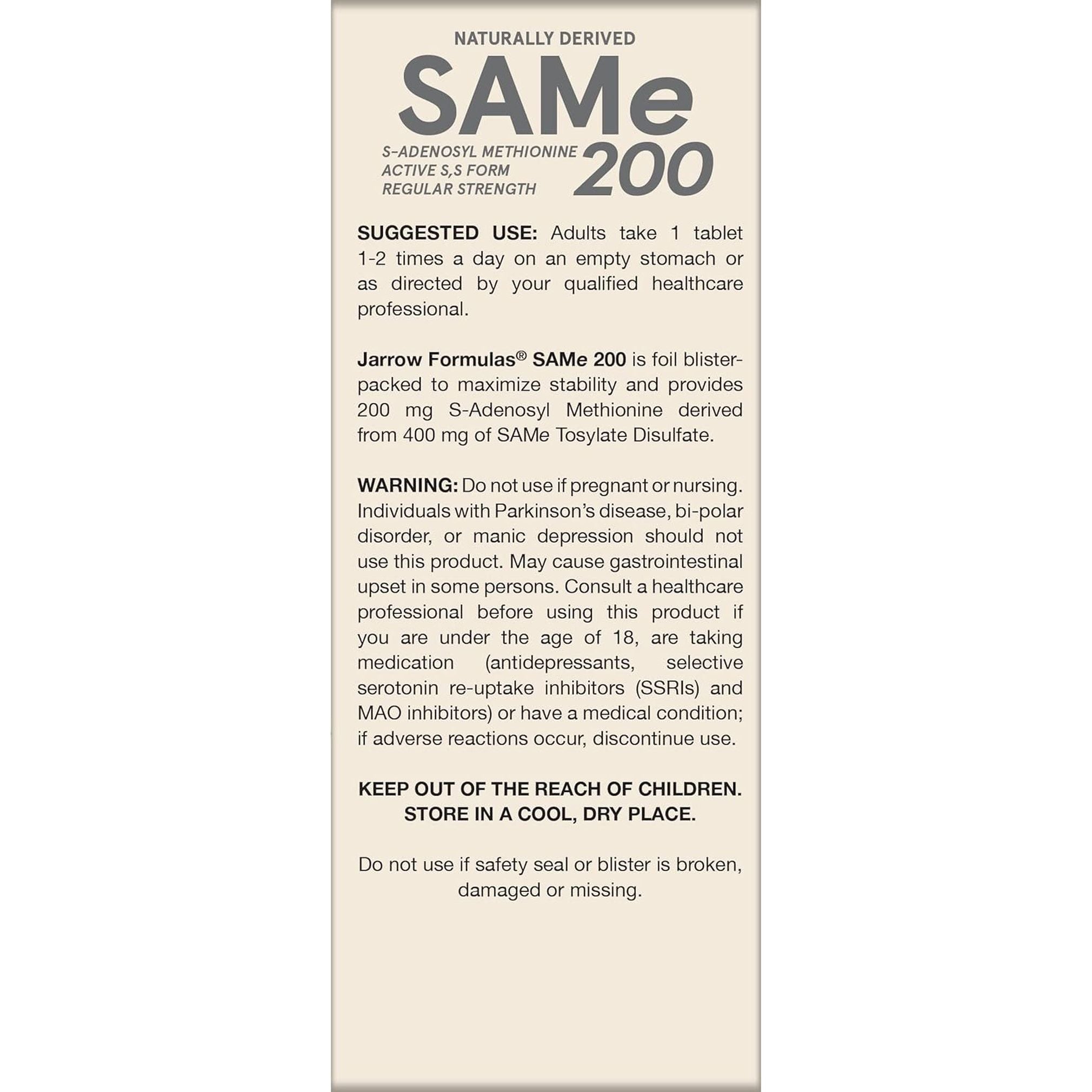 Jarrow Formulas® Same 200 Mg, Supports Joint Health, Liver Function, Brain Metabolism, 60 Tablets
