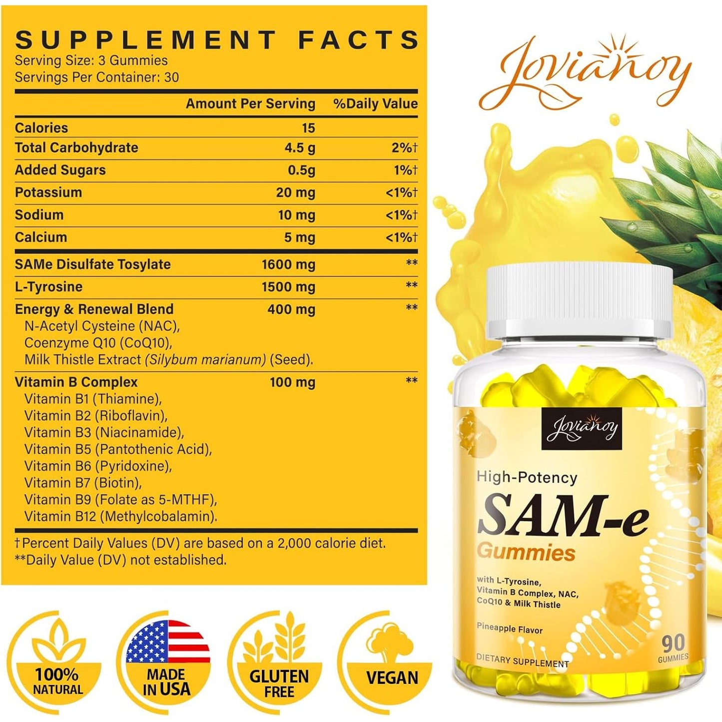 Sam-E Gummies with L-Tyrosine, Vitamin B Complex & NAC, Coq10, Sam-E Supplement - Pineapple Flavor, Made in USA, 90 Gummies