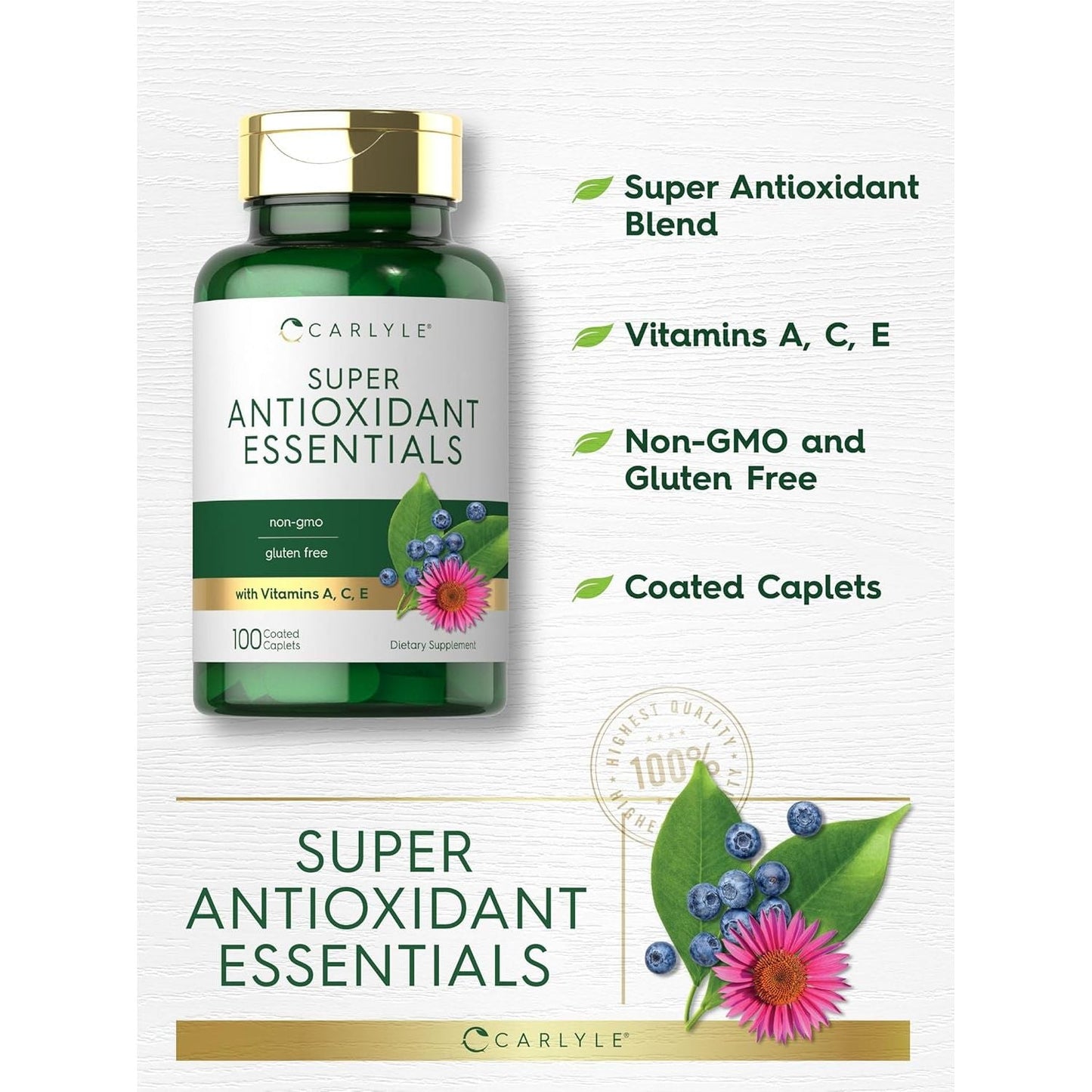 Carlyle Antioxidants Supplement | 100 Caplets | Nutritional Complex | Vitamin A, C, E | Non-Gmo, Gluten Free Formula