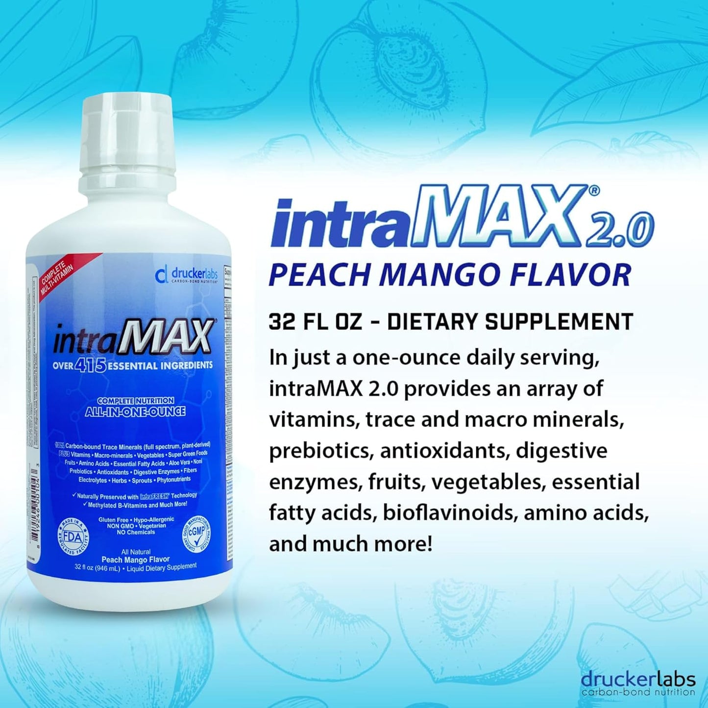 Intramax 2.0 Organic Liquid Trace Minerals, Magnesium, Vitamin D, C E, Zinc, Vitamin E (32 Oz., Peach Mango)