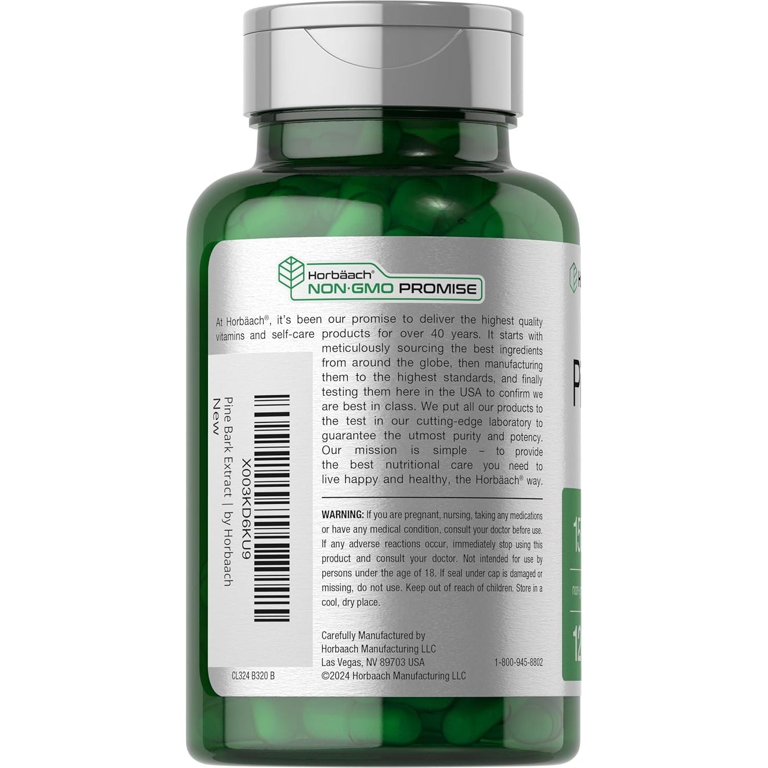 Horbäach Pine Bark Extract Capsules | 1500Mg | 120 Count | Non-Gmo and Gluten Free