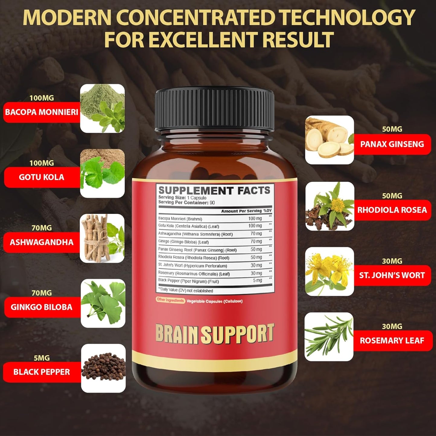9In1 Brain Support Supplement - Concentrated Ashwagandha Root, Gotu Kola Powder, Bacopa Monnieri Powder and More - 90 Capsules