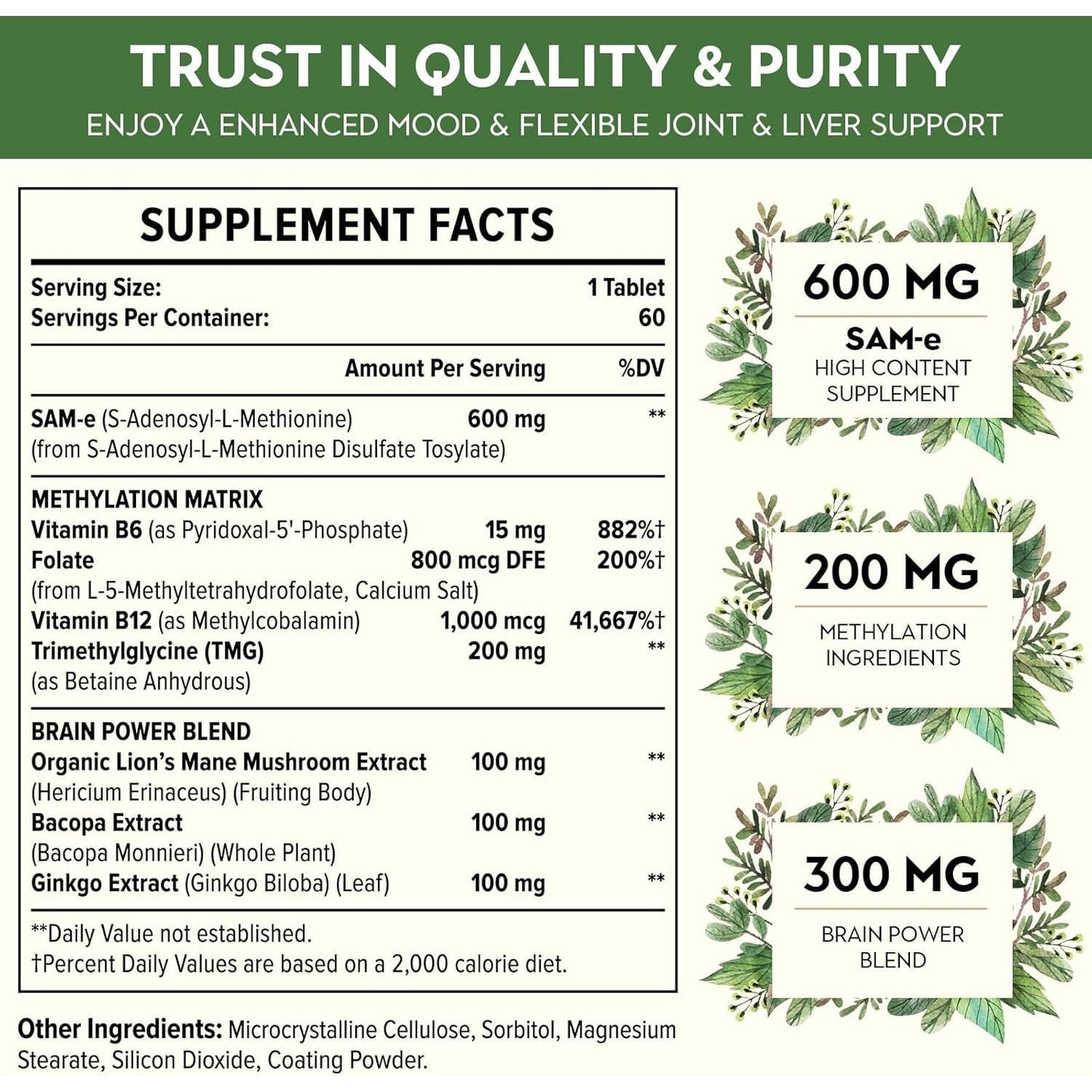 1100Mg Sam-E (S-Adenosyl-L-Methionine), SAM E Supplement for Mood, Joint & Liver 60 Tablets