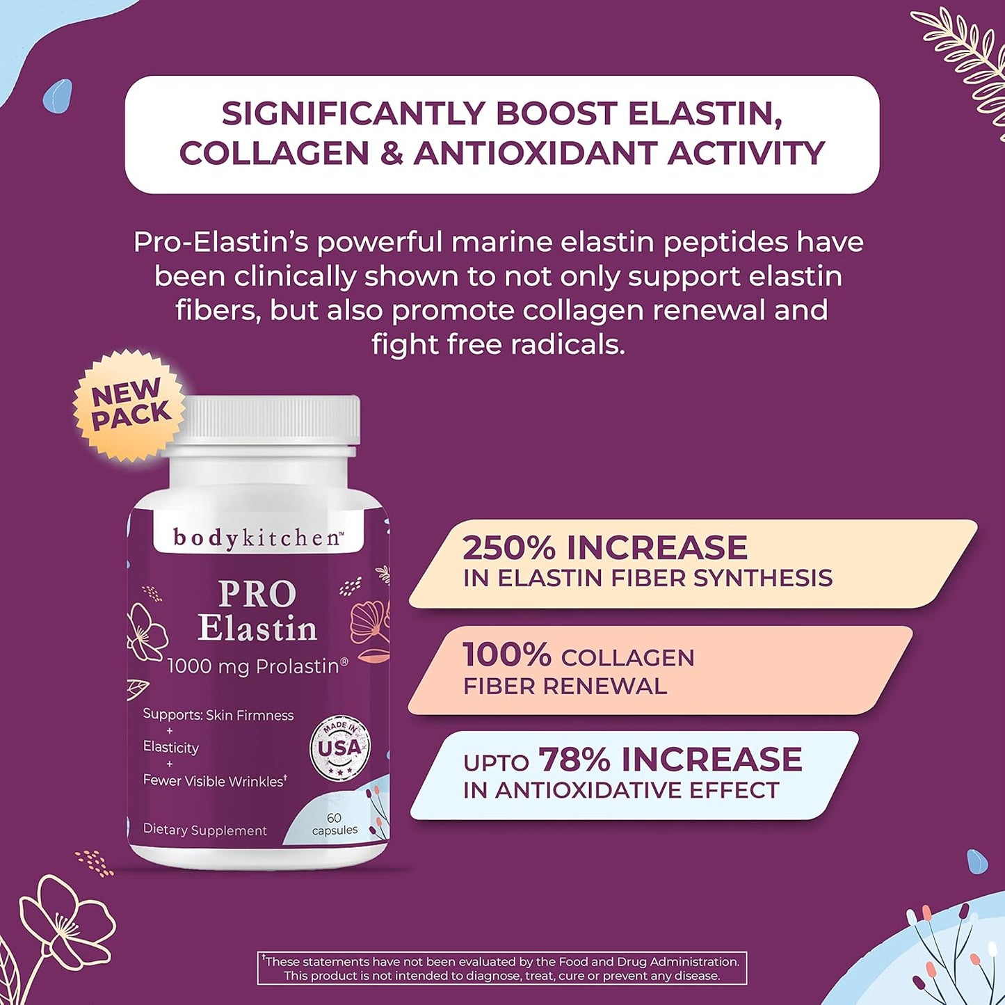 Body Kitchen Pro-Elastin, 1000 Mg, Help Reduce Signs of Aging, Improved Skin Health, Firmness & Elasticity, Fewer Wrinkles