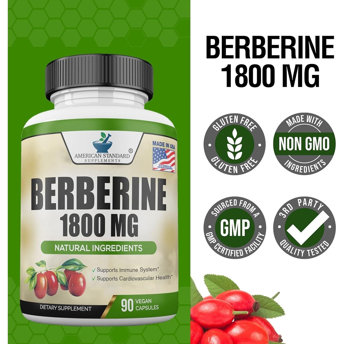 Berberine Supplement 1800Mg - Supports Immune System, High Potency Berberine Hydrochloride 90 Capsules