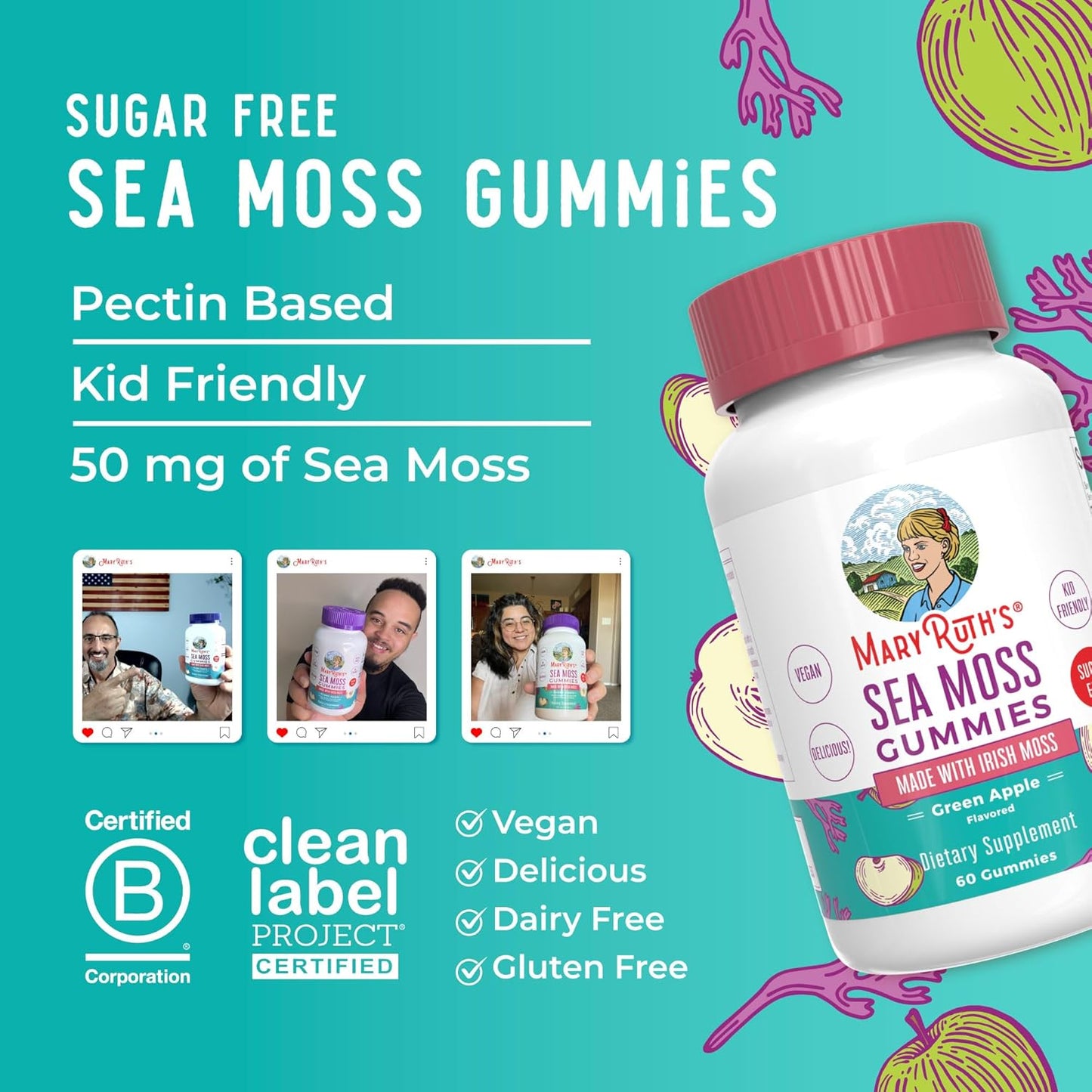 Maryruth Organics Gummies Sugar Free Made with Irish Sea Moss for Gut Health and Immune Support 60 Count