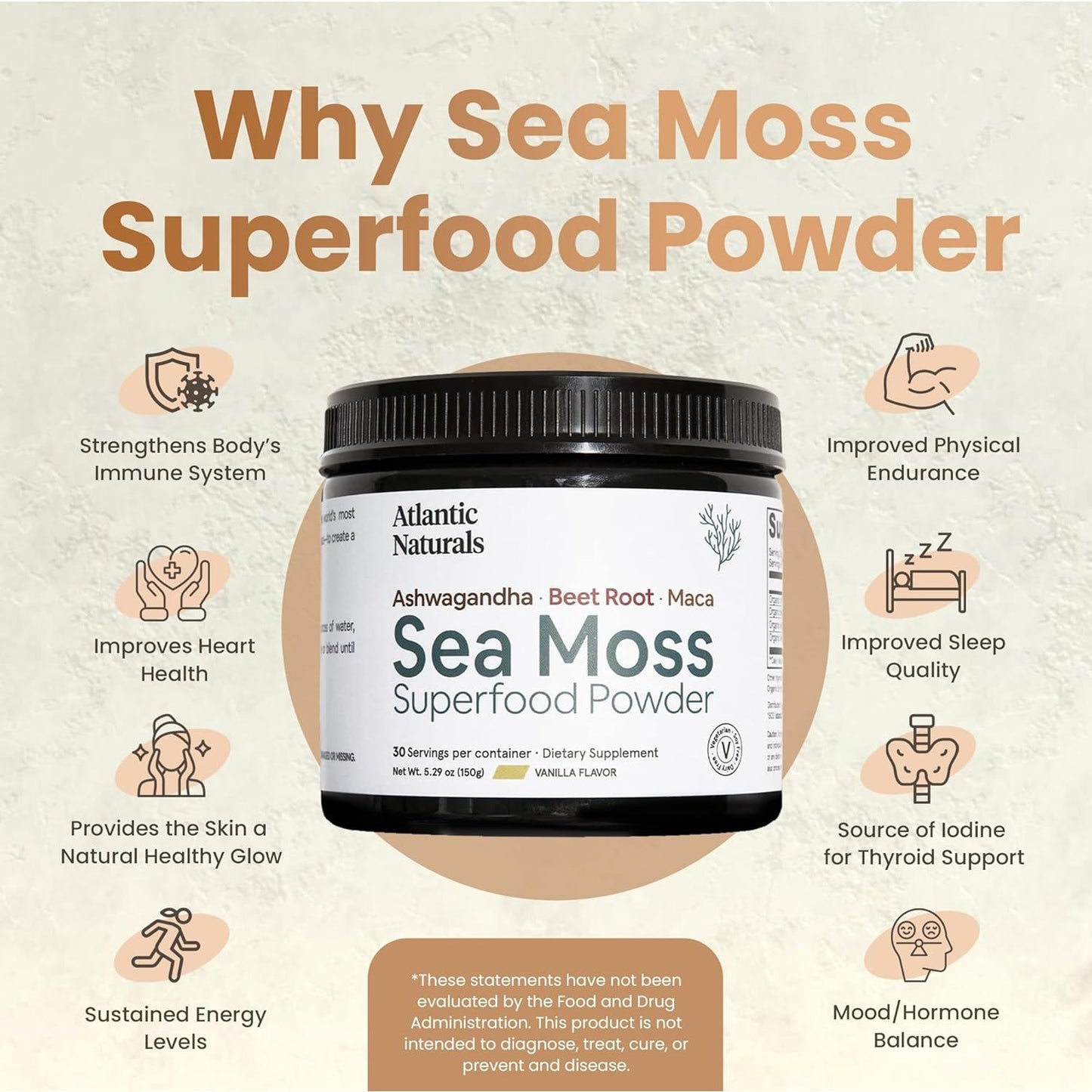 Atlantic Naturals Sea Moss Superfood Powder - Supports Healthy Skin, Athletic Performance, and Positive Mood - Vanilla Flavor (150G)