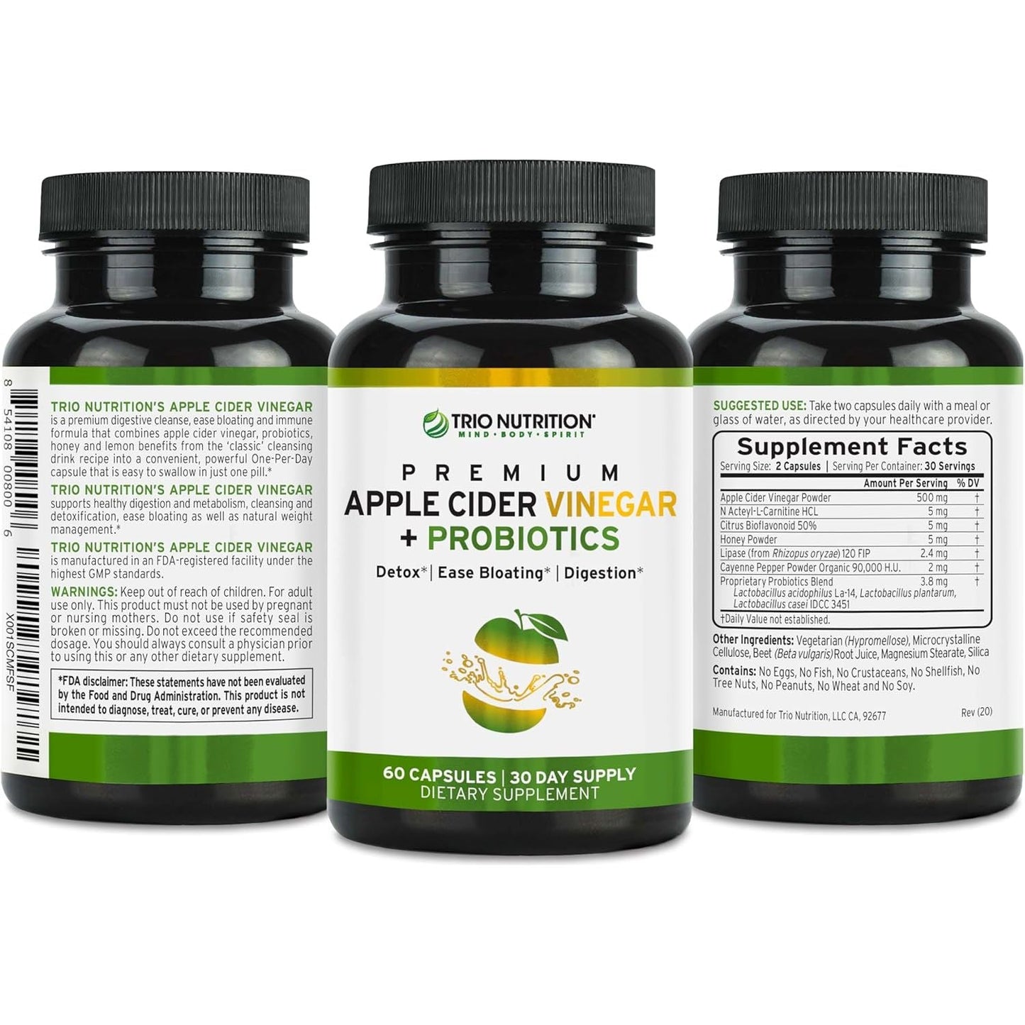 TRIO NUTRITION Apple Cider Vinegar Capsules with Green Tea for Body Cleanse, Immune, Weight Management & Metabolism Support*