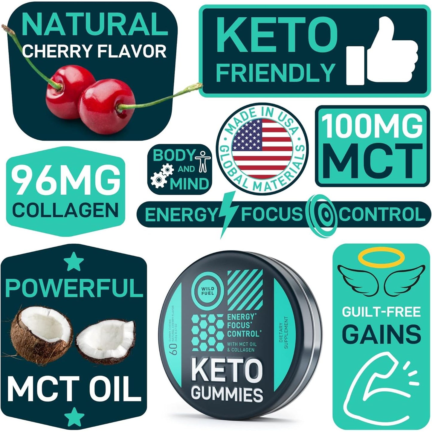 Keto Candy MCT Oil Keto Gummies with Collagen - Pre Workout Keto Gummy Energy Chews -60 Chewables