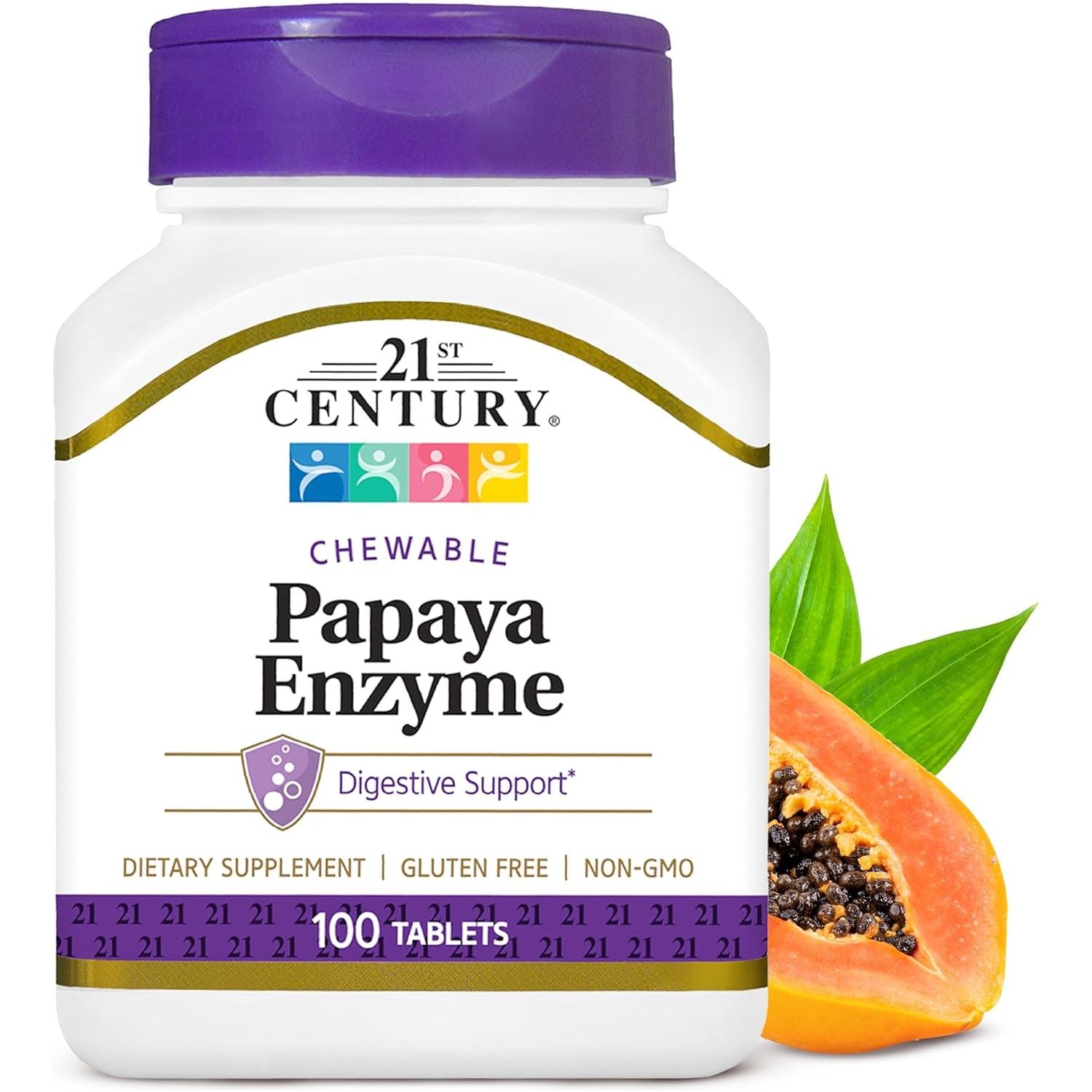 21St Century Papaya Enzyme Chewable (100 Count), Papaya & Pineapple Digestive Enzymes for Gut Health