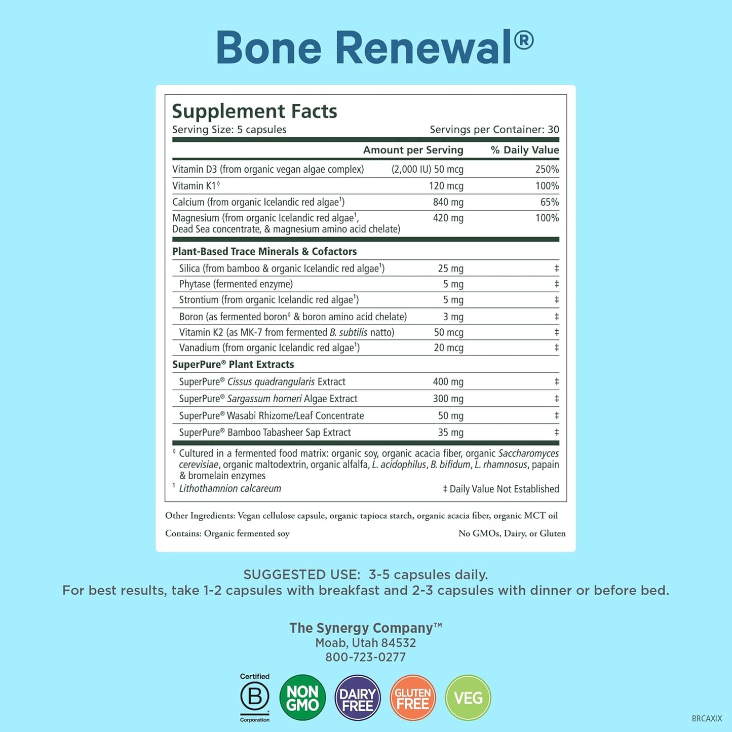 PURE SYNERGY Bone Renewal | Natural, Vegan Bone Health Supplement with Vitamin D3, K2, Magnesium, & Boron (150 Capsules)
