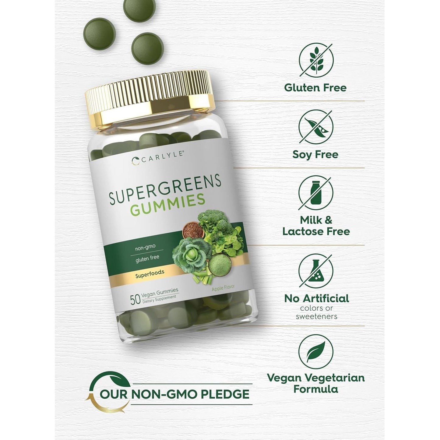 Carlyle Supergreens Gummies | 50 Count | Apple Flavor | Vegan, Non-Gmo and Gluten Free Supplement