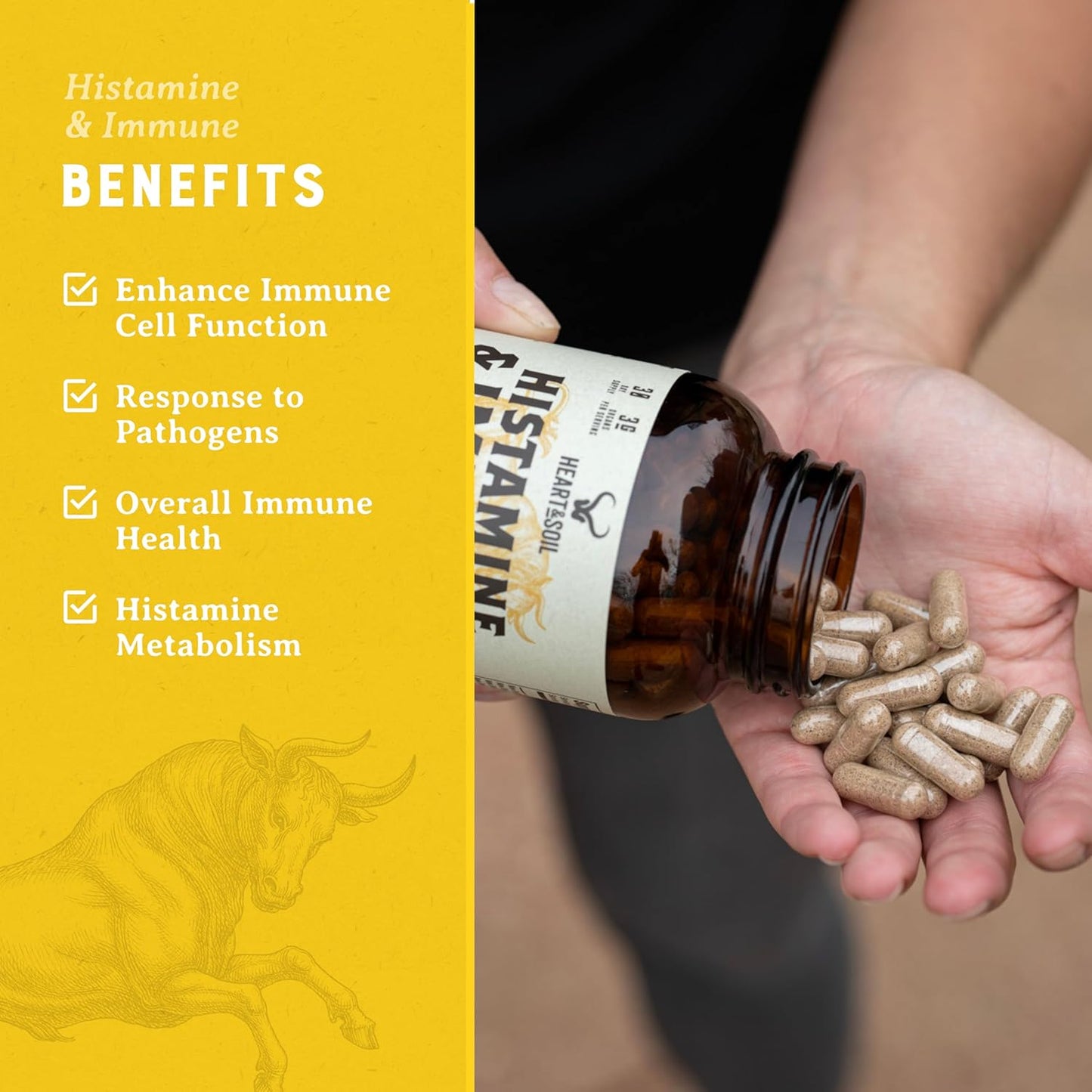 HEART & SOIL Histamine and Immune Support – 3000Mg DAO Enzyme Supplements with Bovine Thymus, Selenium & Vitamin A – 180 Capsules