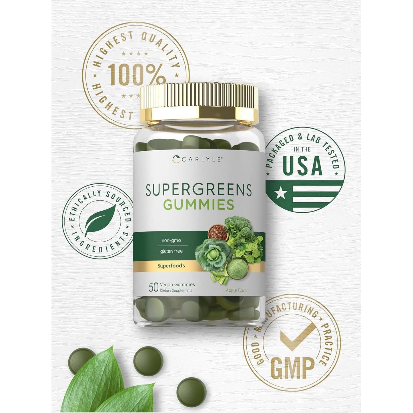 Carlyle Supergreens Gummies | 50 Count | Apple Flavor | Vegan, Non-Gmo and Gluten Free Supplement