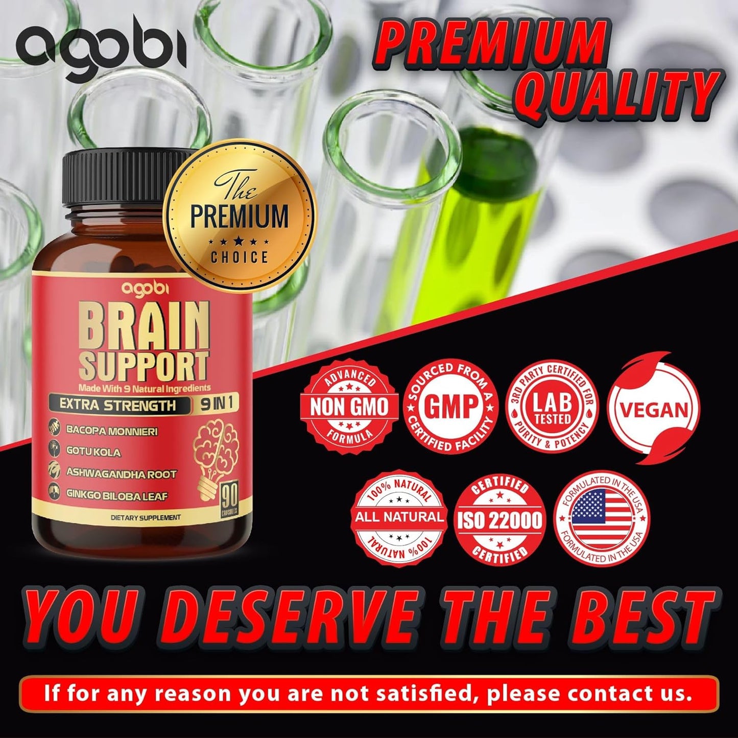 9In1 Brain Support Supplement - Concentrated Ashwagandha Root, Gotu Kola Powder, Bacopa Monnieri Powder and More - 90 Capsules