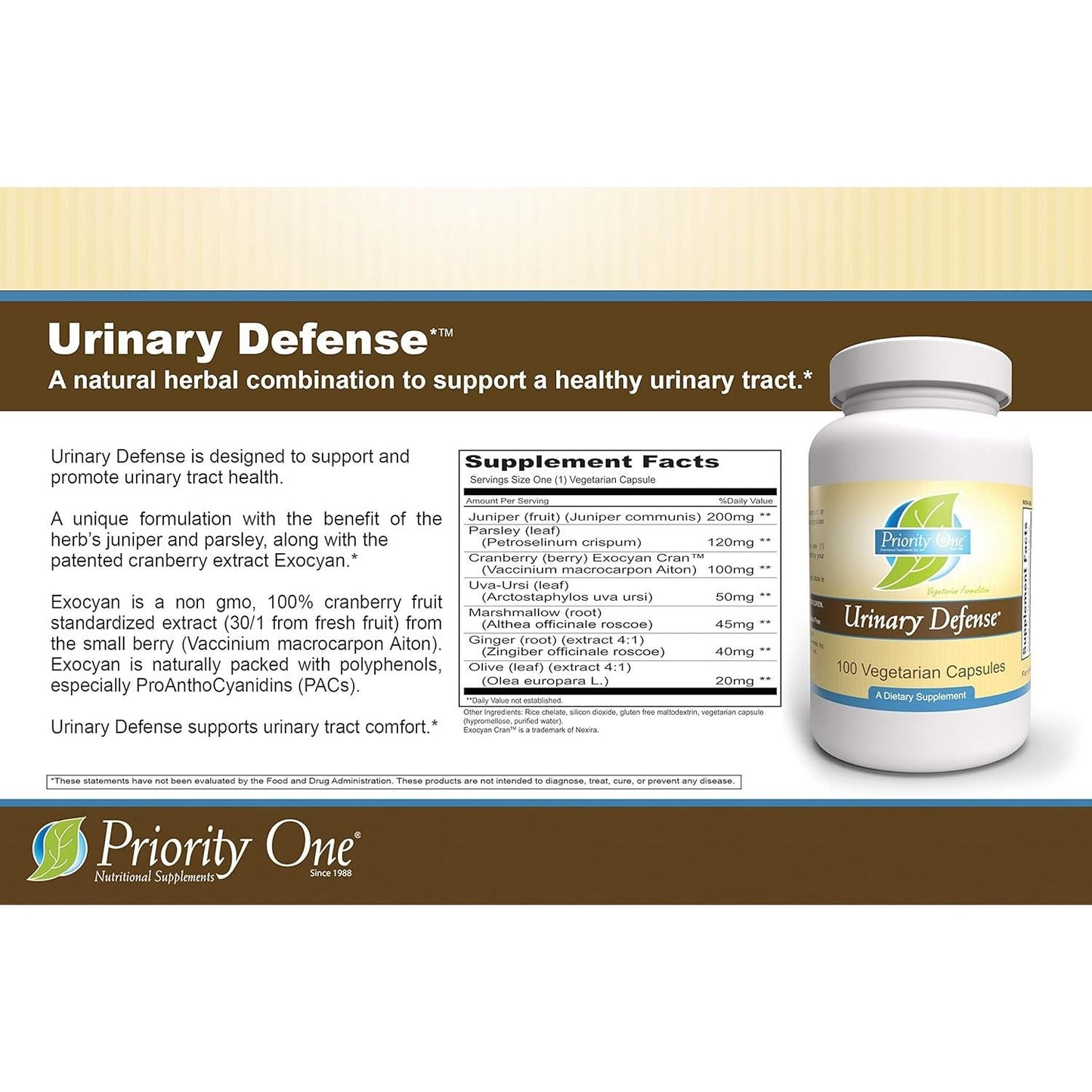 Priority One Vitamins Urinary Defense 100 Vegetarian Capsules - Supports Healthy Urinary System.*