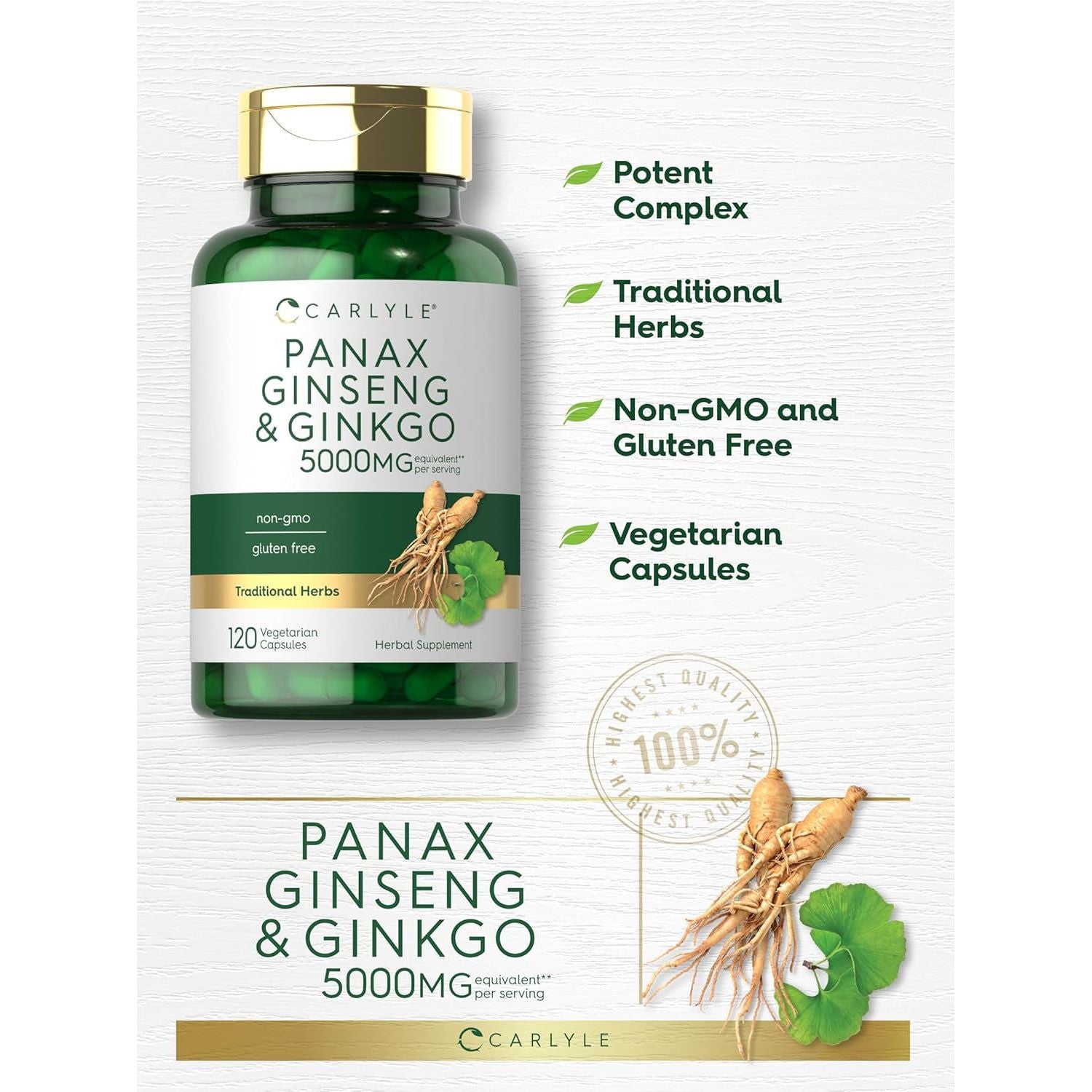 Carlyle Panax Ginseng + Ginkgo Biloba | 120 Vegetarian Capsules | 5,000Mg