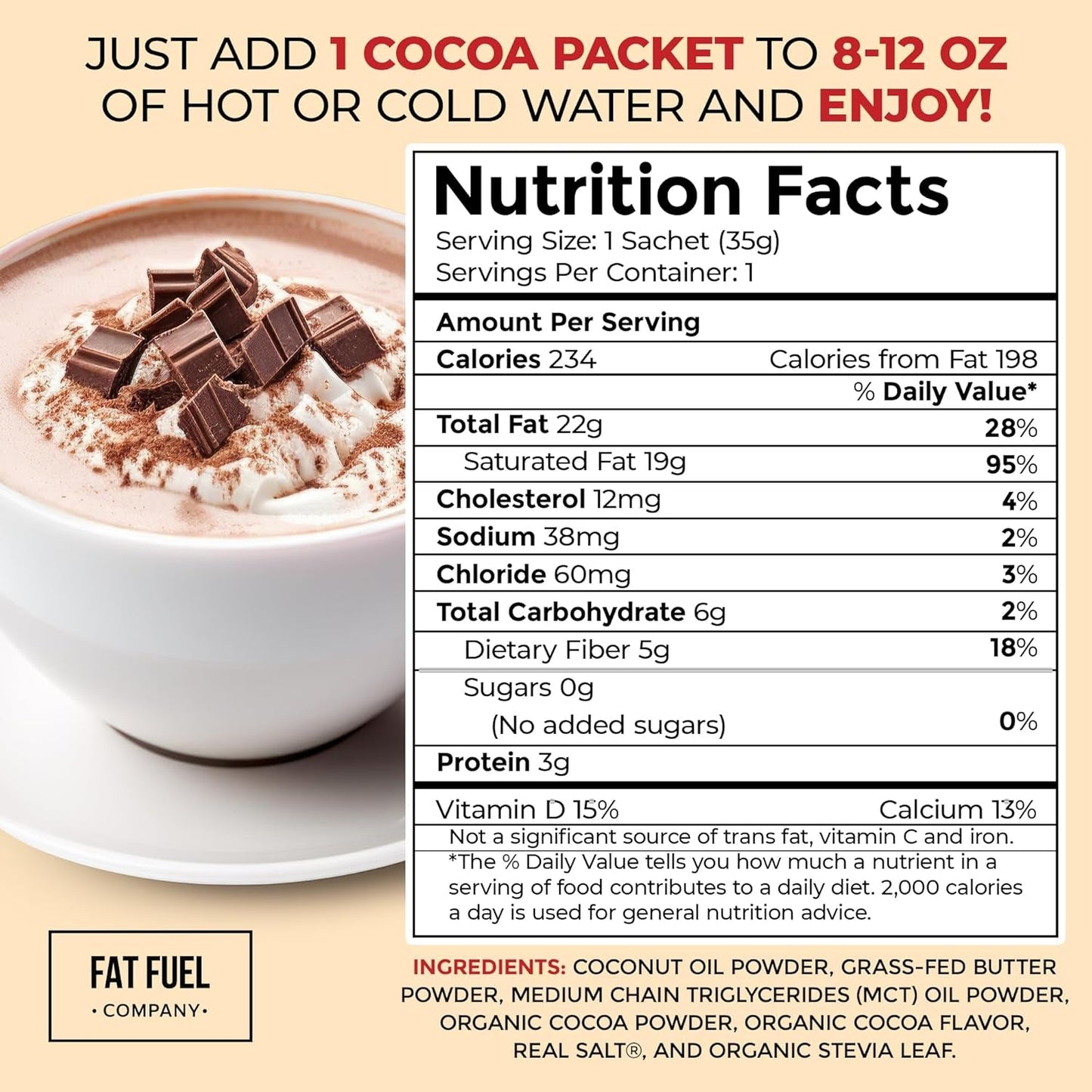 Fat Fuel Keto Cocoa 22G Premium Fats -  Instant Organic Cocoa, One Net Carb, a True Meal Replacement - 15 Servings