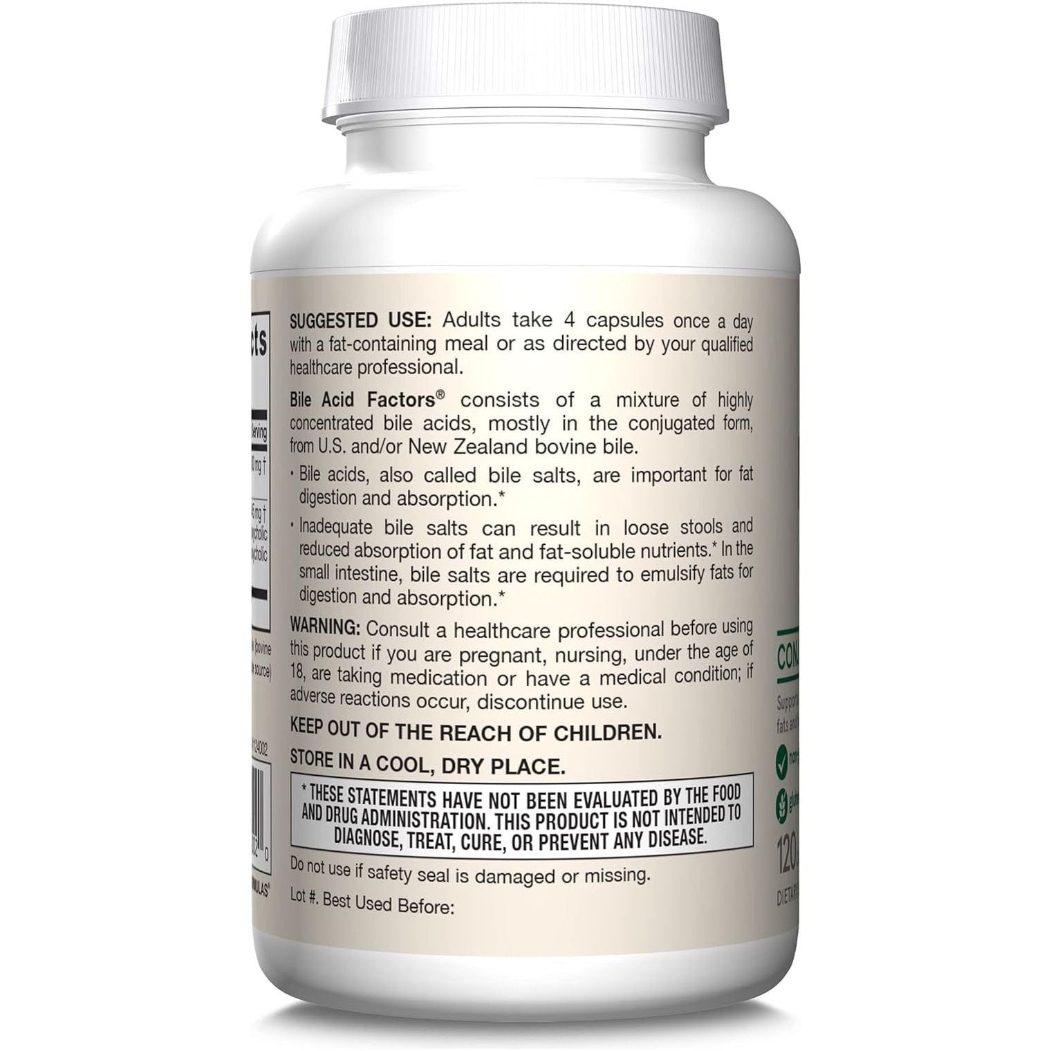 Jarrow Formulas Bile Acid Factors 1000 Mg for Digestion Support and Absorption of Fats & Fat-Soluble Nutrients, 120 Capsules