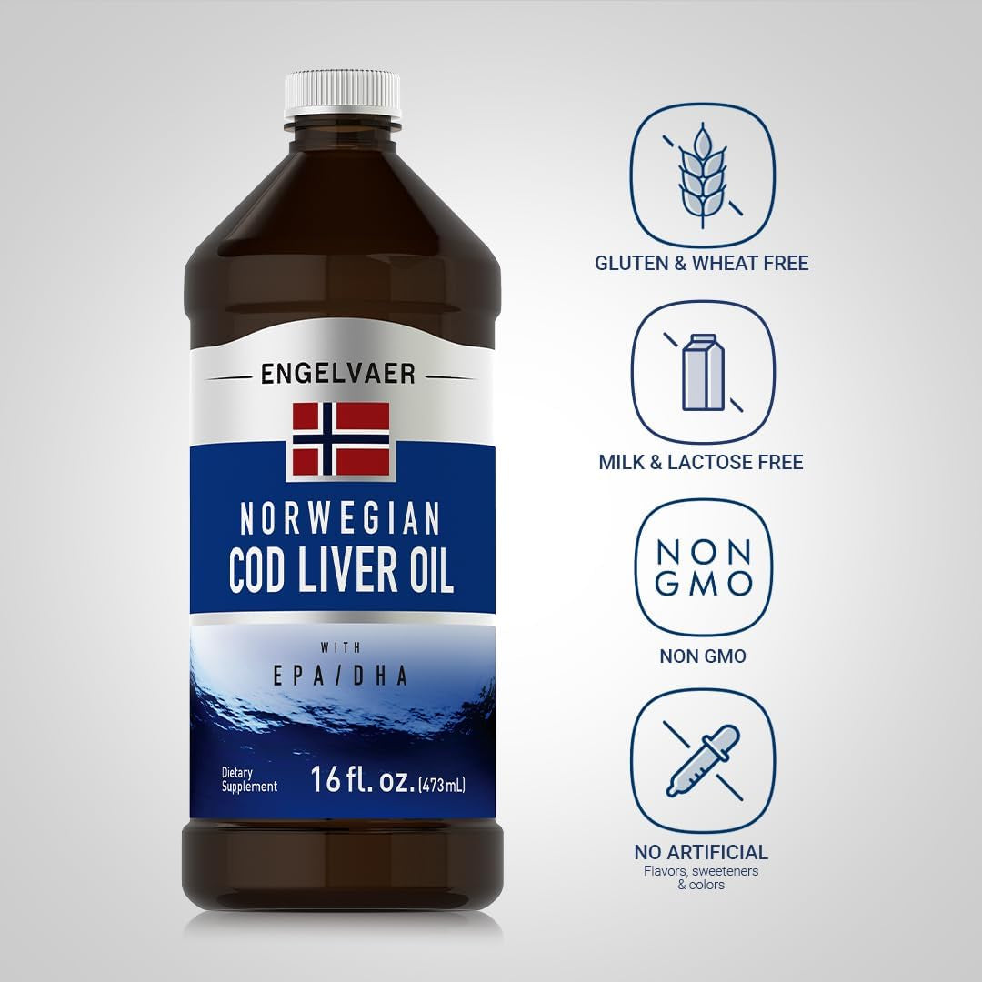 Piping Rock Cod Liver Oil Liquid | 16 Fl Oz | with EPA DHA | Engelvaer Norwegian