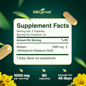 KIKI Green Mullein Leaf Extract Capsules - for Lung Cleanse, Support, Better Respiratory, Immune Function - 1000Mg 45 Servings