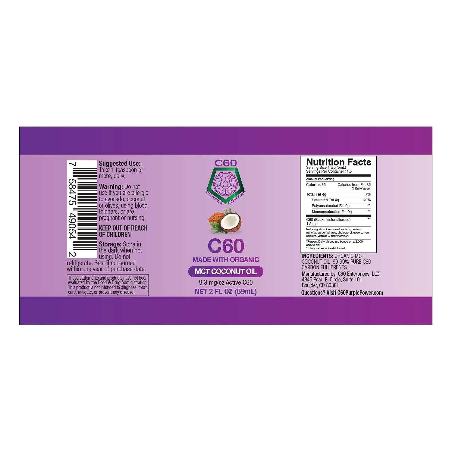 C60 Power - Organic MCT Coconut Oil, 2 Fl Oz, 99.99% Pure Carbon Fullerenes, Lift Oxidative Burden, Optimize Mitochondrial Function