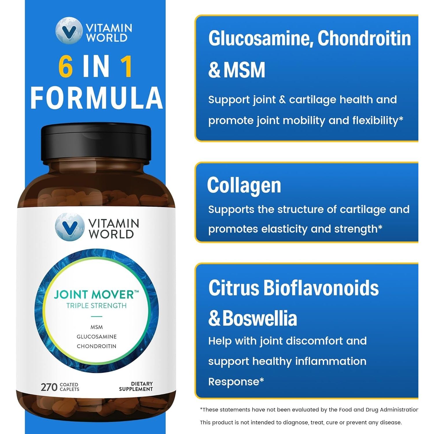 Vitamin World Triple Strength Joint Mover, Glucosamine Chondroitin with MSM Joint Support Supplement, 270 Caplets