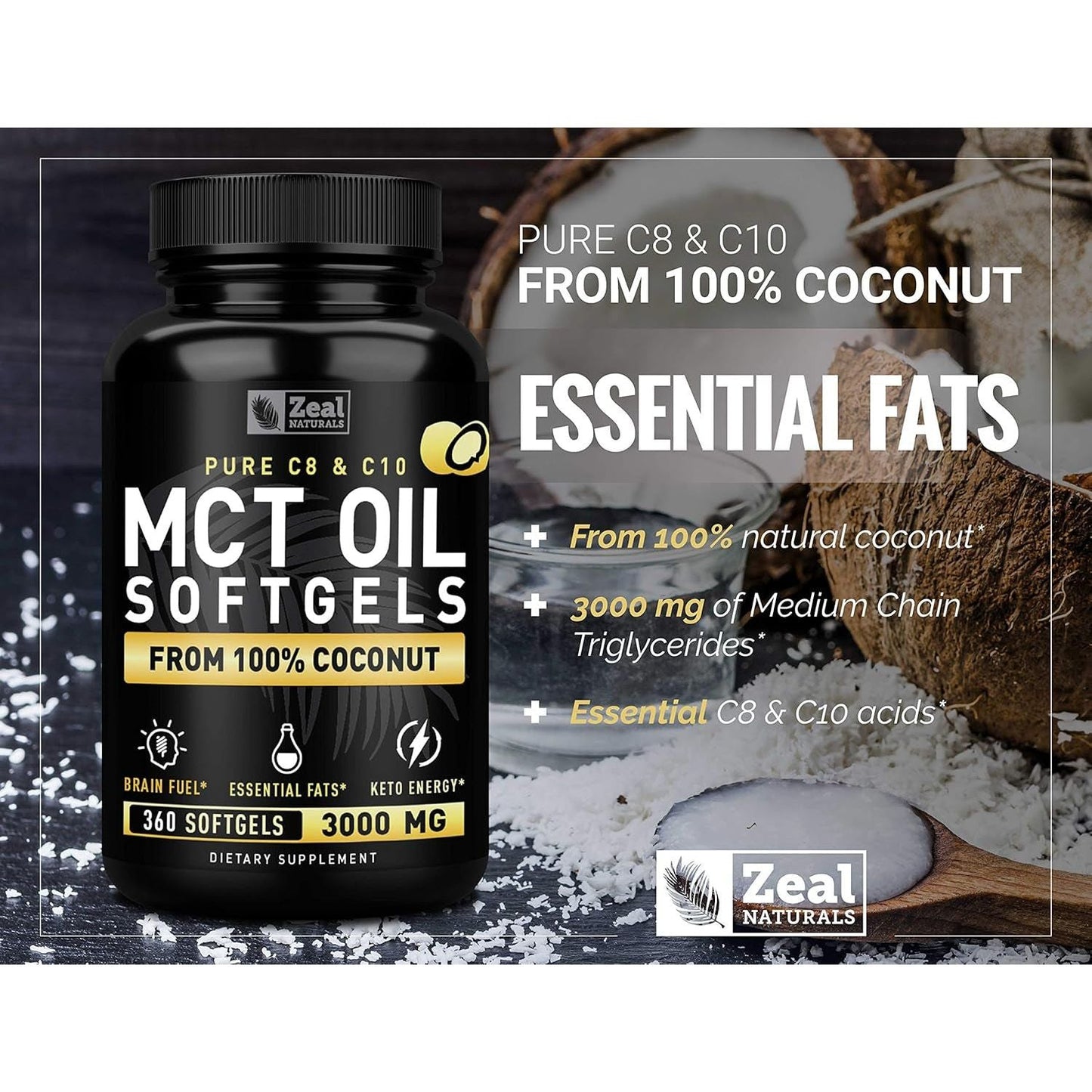 Pure MCT Oil Capsules (360 Softgels | 3000Mg) 4 Month Supply Keto Pills W Unrefined Coconut - C10 & C8 Brain Fuel, Energy, Octane Ketosis