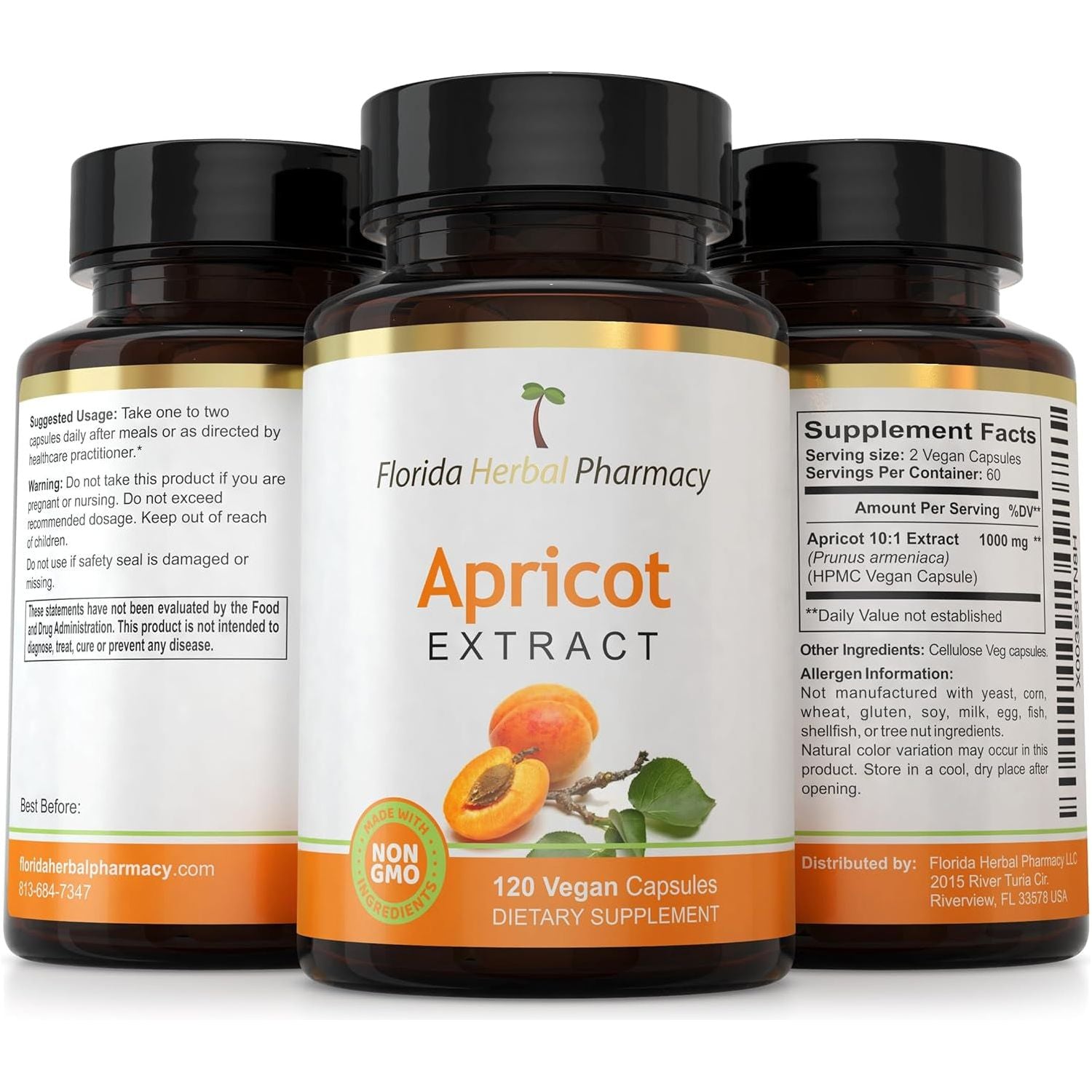 Florida Herbal Pharmacy, Apricot Supplement Capsules 10:1 (120 Capsules) 500 Mg per Capsule, 1000 Mg Serving (Pack of 1)