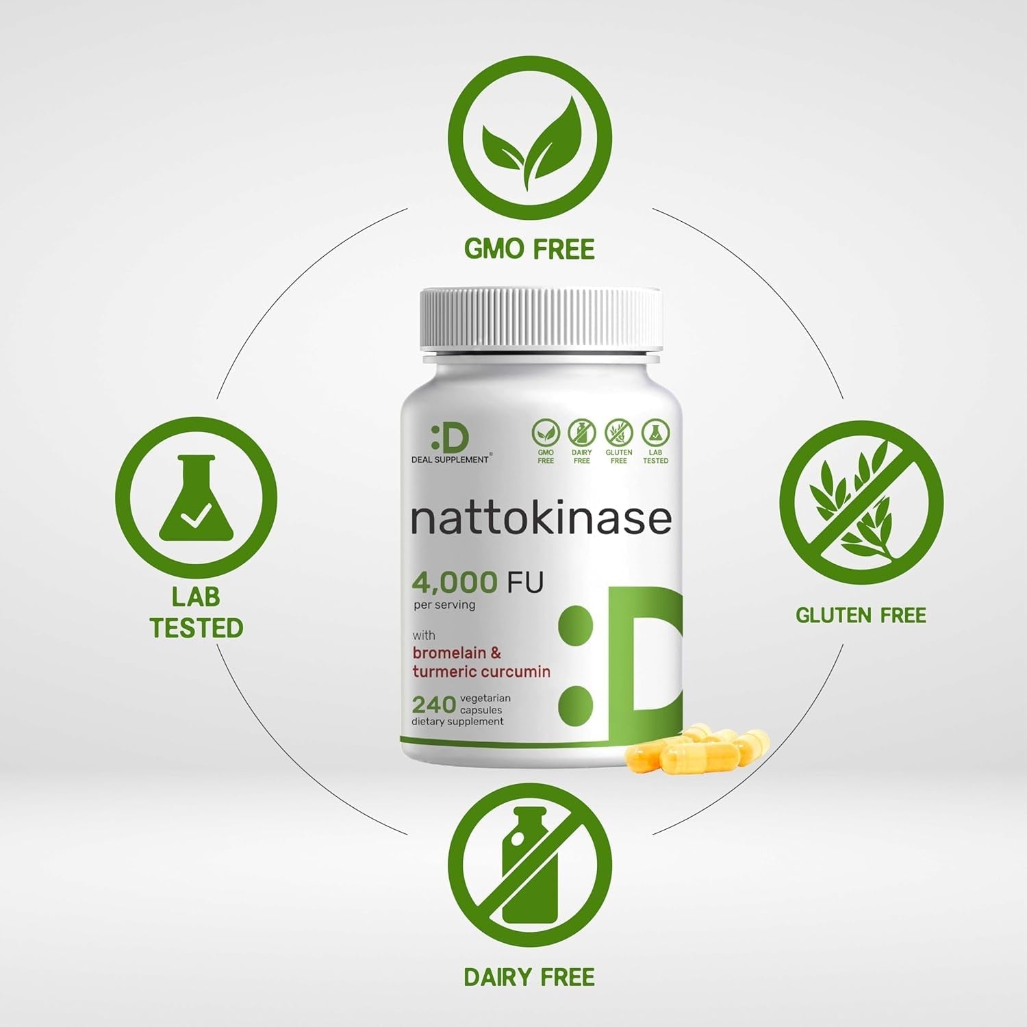 DEAL SUPPLEMENT Nattokinase 4,000 FU per Serving, 240 Capsules  Heart Health & Digestive Enzymes