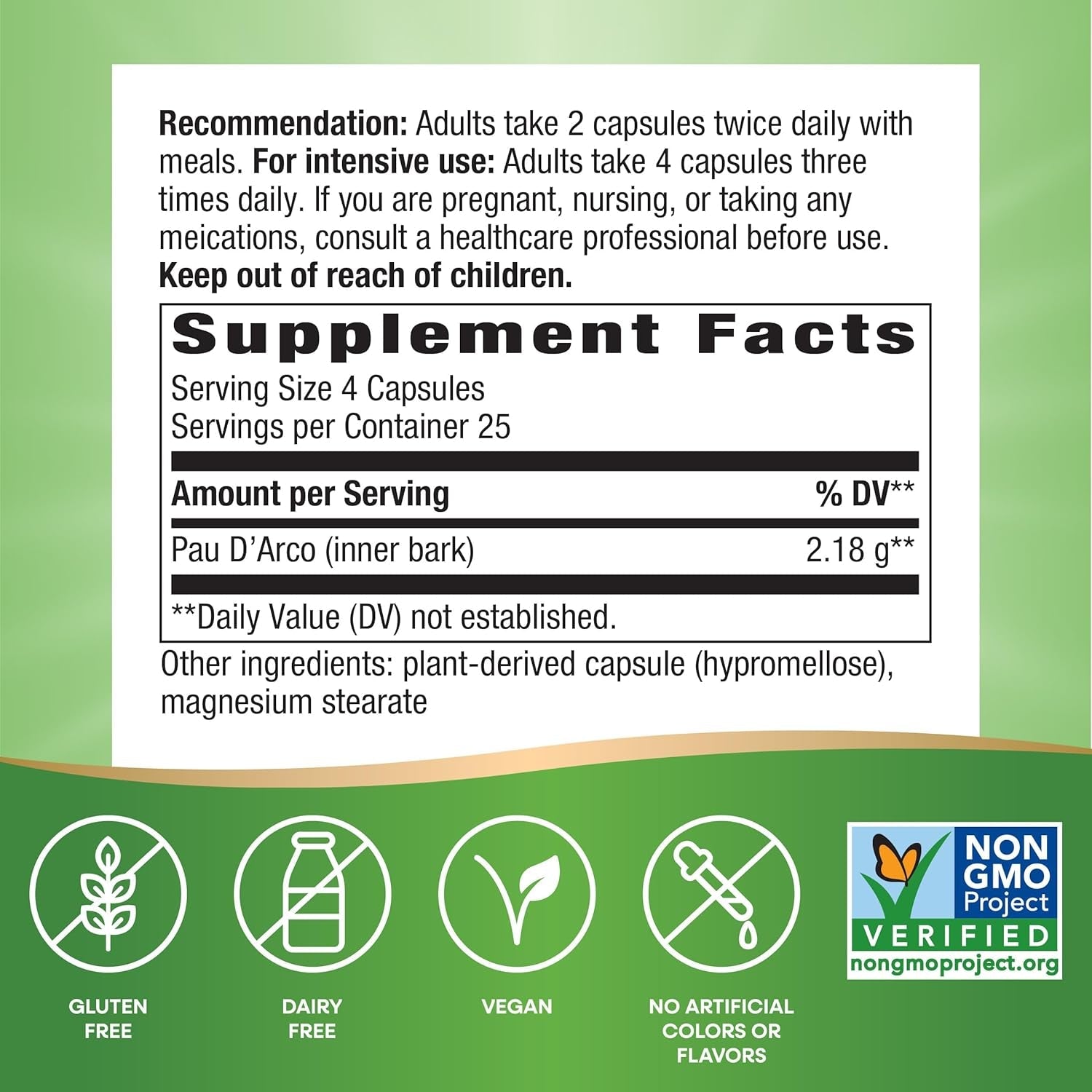 Nature'S Way Pau D'Arco Inner Bark,180 Mg per 4-Capsule Serving, 100 Capsules