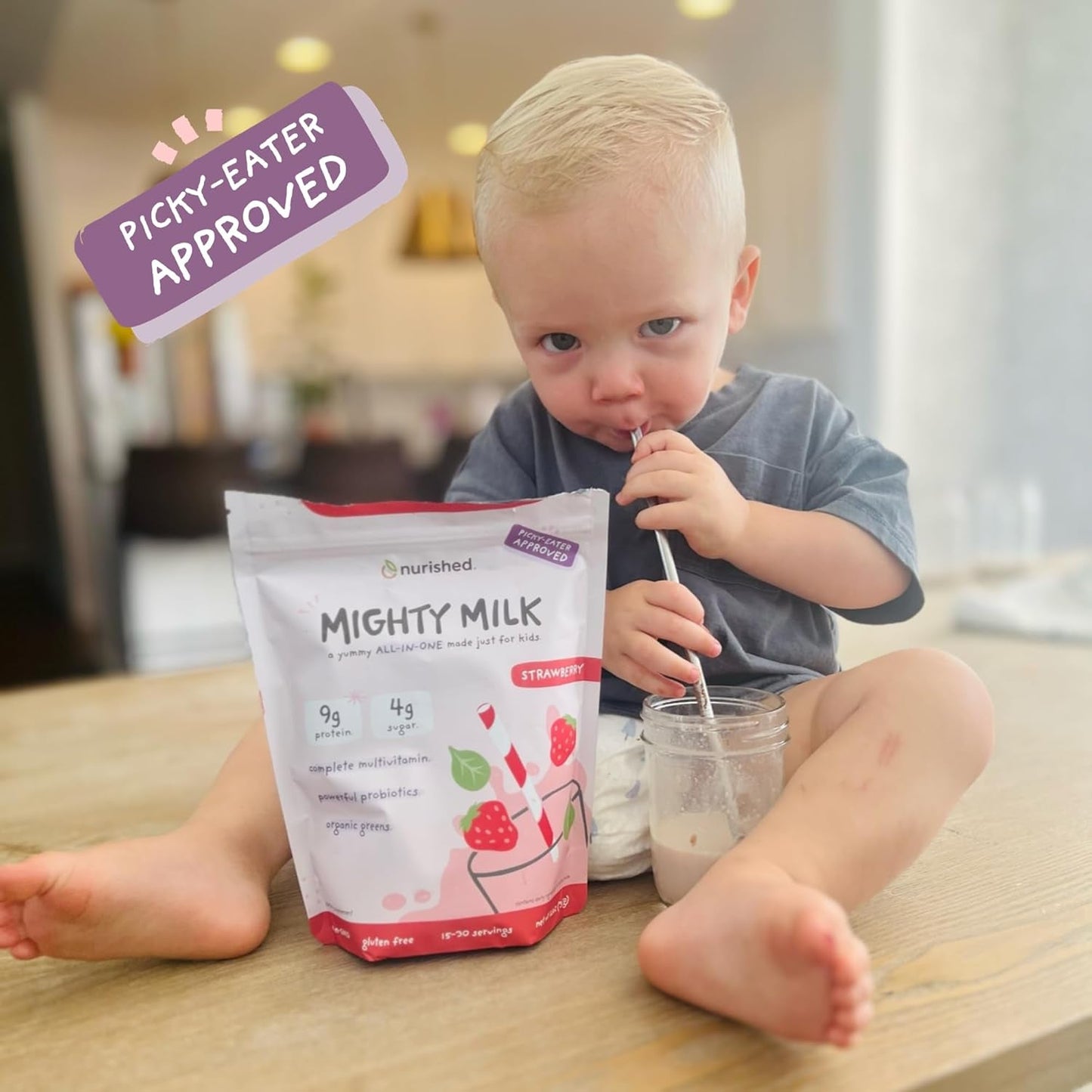 Mighty Strawberry Milk - Kids All-In-One Daily Protein Powder & Multivitamin Boosted with 2 Billion Probiotics & Organic Spinach 15-30 Servings