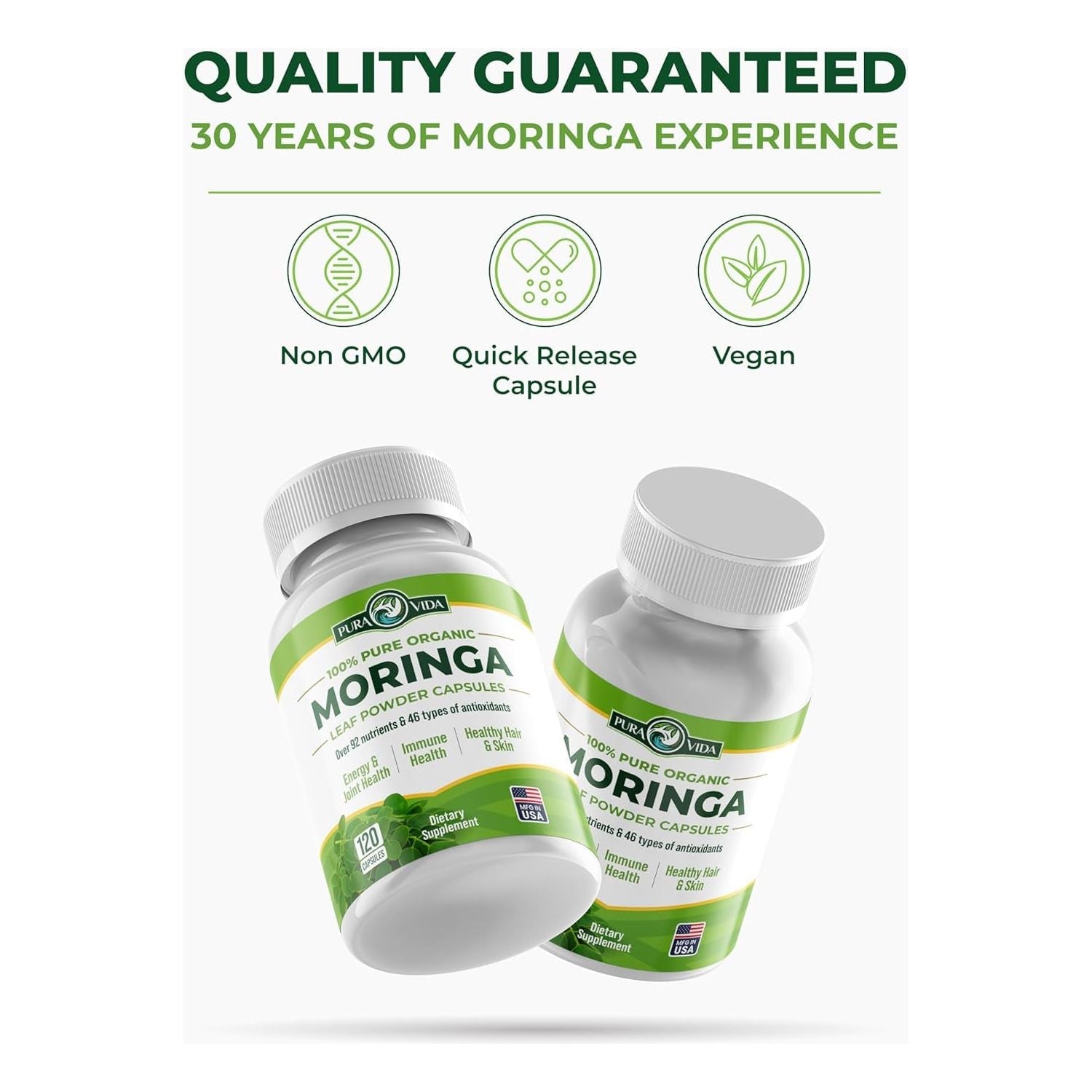 PURA VIDA MORINGA Capsules Single Origin Moringa Powder Organic 120Count. 500Mg