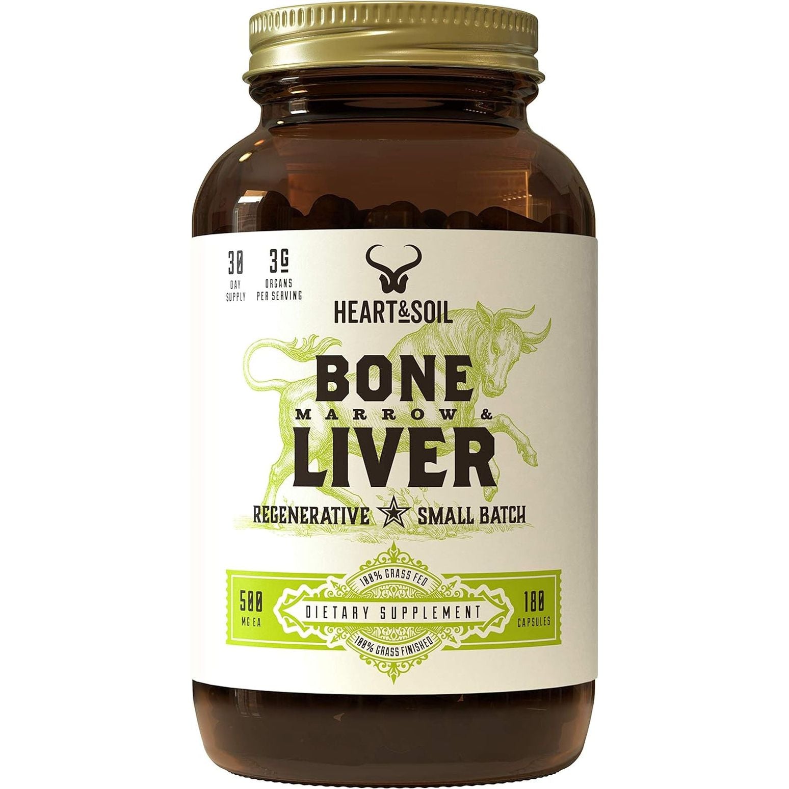 HEART & SOIL - Grass-Fed Bone Marrow and Beef Liver Supplement – 3000Mg for Mood, Bone, Joint, Tissue, Skin Health 180 Capsules