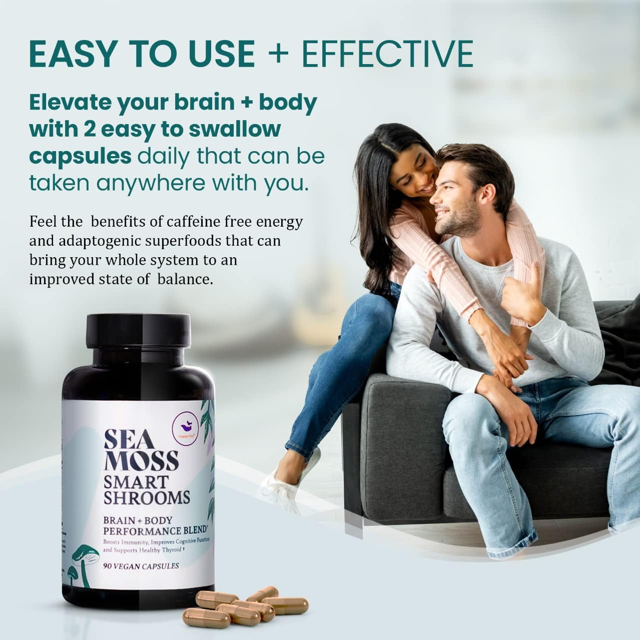 HAPPY FOX Irish Sea Moss Capsules & Mushroom Complex  for Brain Health, 1500Mg, 90 Capsules