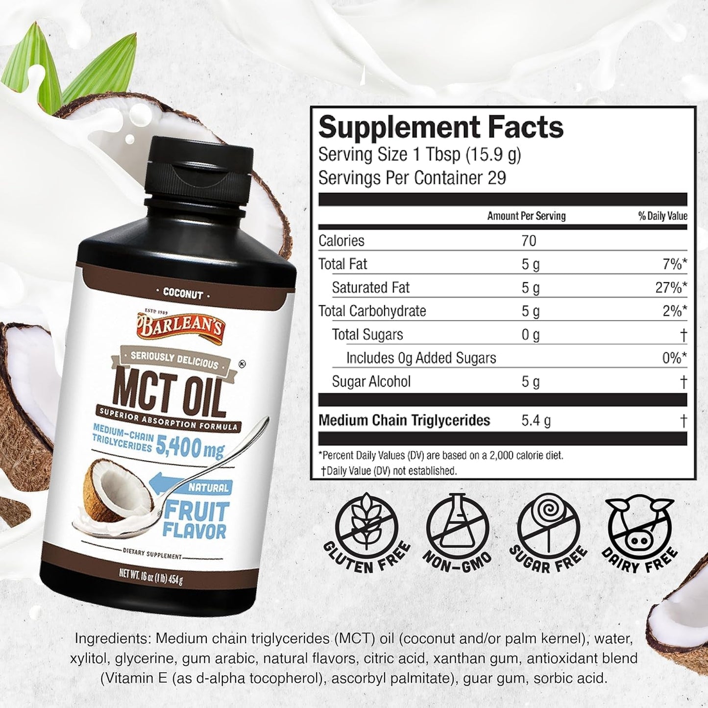 Barlean'S MCT Oil Supplement, Coconut Flavored for Keto Coffee, 5,400Mg 16 Oz