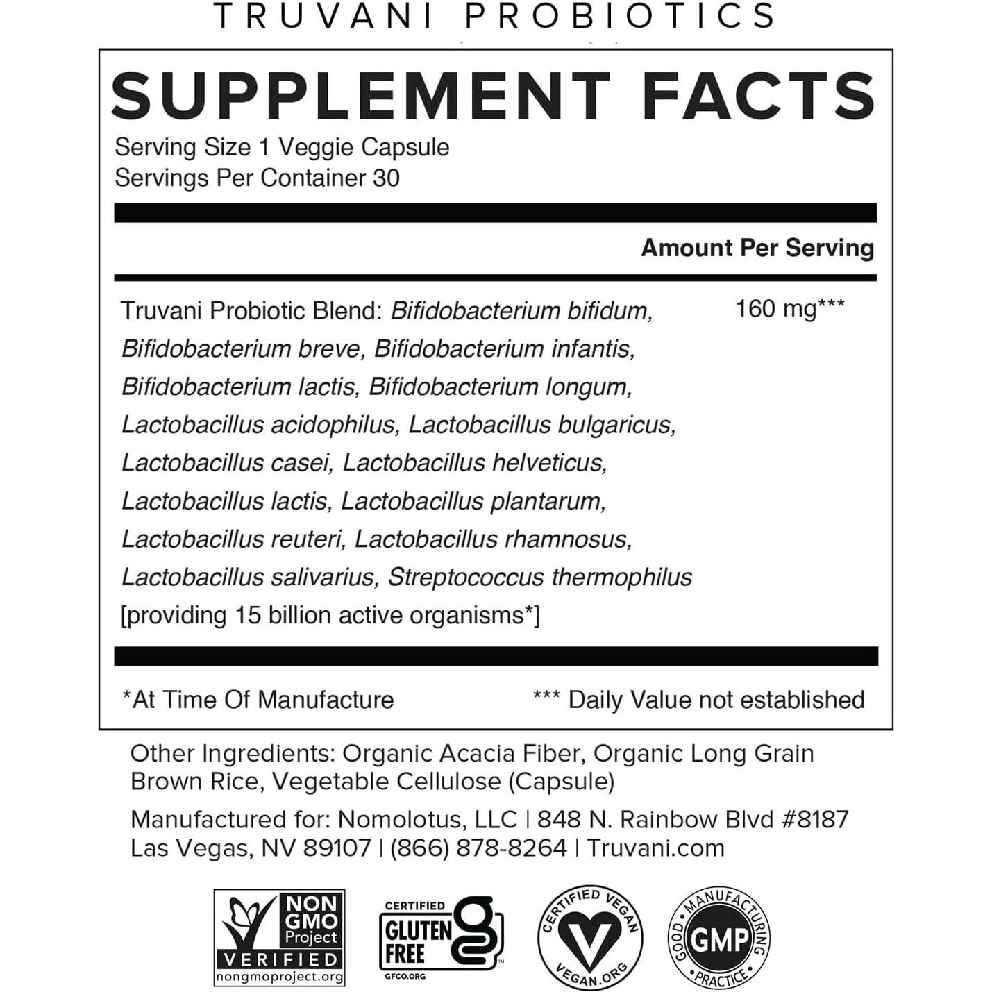 Truvani Probiotic | 15 Billion CFU | 15 Diverse Strains for Digestive, Immune & Brain Health Support 30 Servings