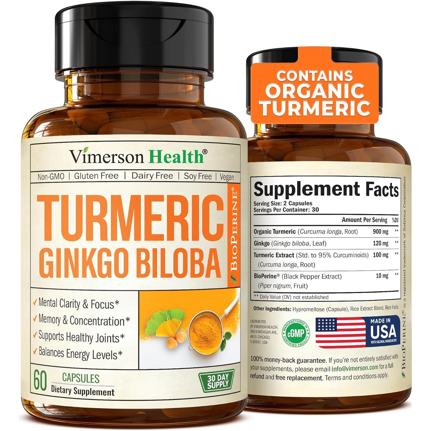 Turmeric Curcumin with Black Pepper and Ginkgo Biloba Supplements to Aid Joint Health, Brain Clarity. 60 Caps