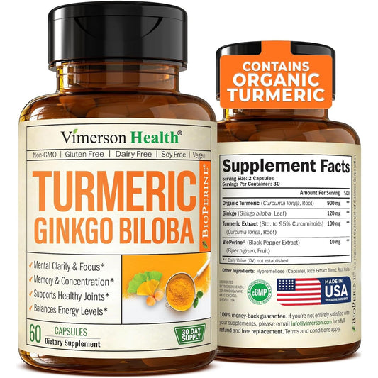 Turmeric Curcumin with Black Pepper and Ginkgo Biloba Supplements to Aid Joint Health, Brain Clarity. 60 Caps