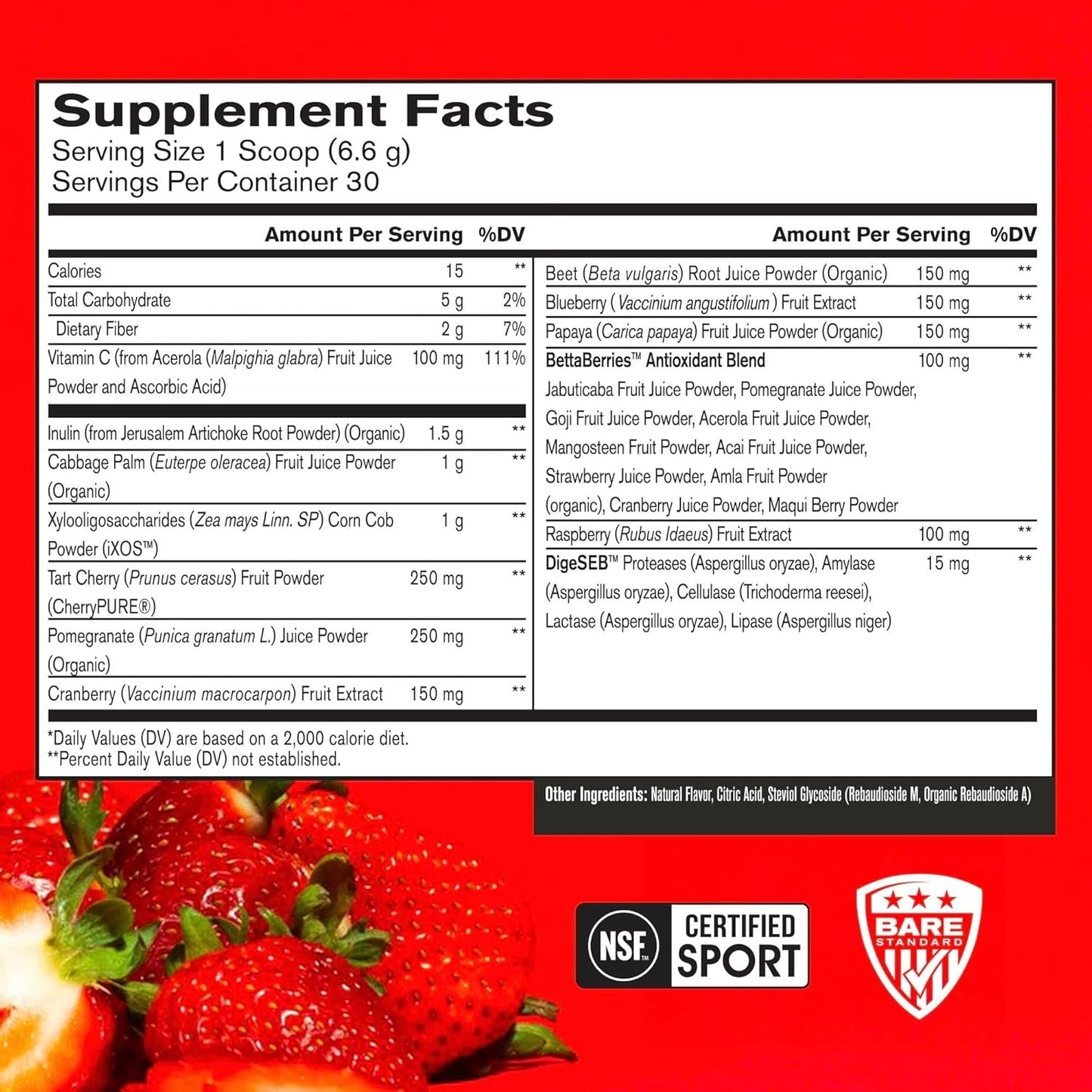 BARE PERFORMANCE NUTRITION, Digestive Enzymes, Antioxidants, Improved Natural Energy, 30 Servings, Strawberry