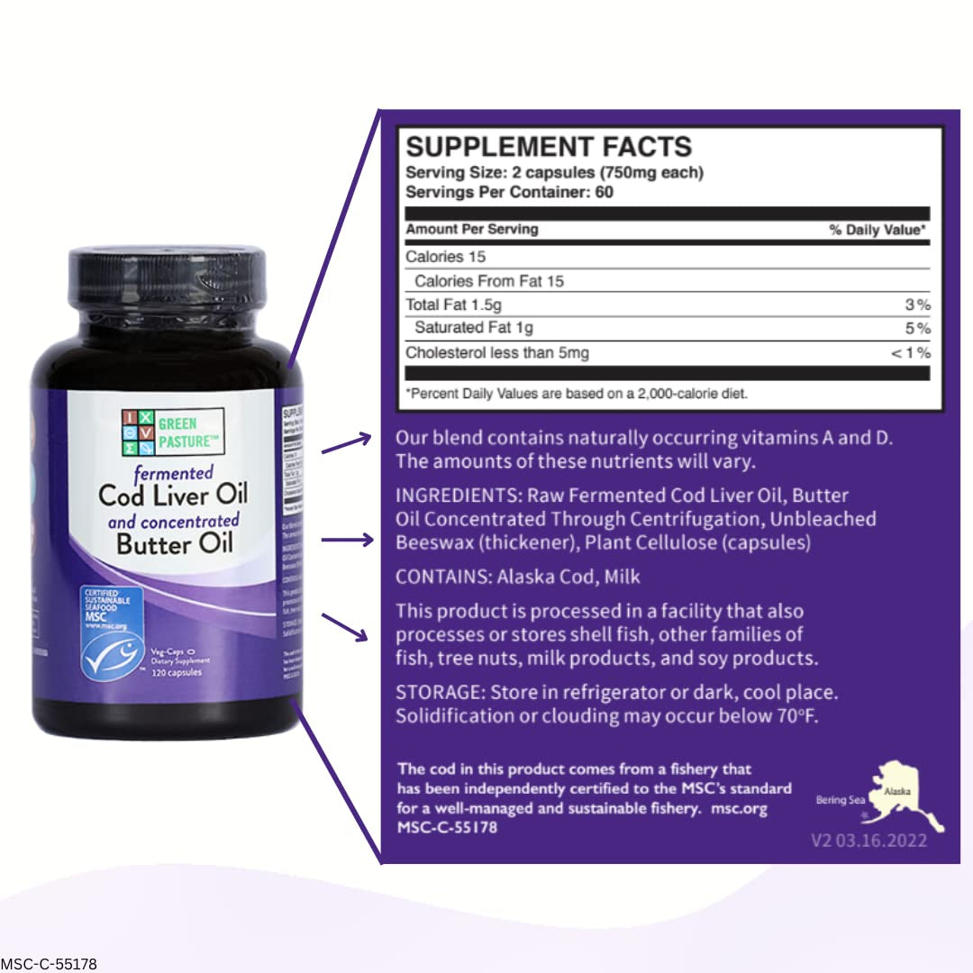 Green Pasture Fermented Cod Liver Oil Blend and Concentrated Butter Oil Blend - 120 Capsules