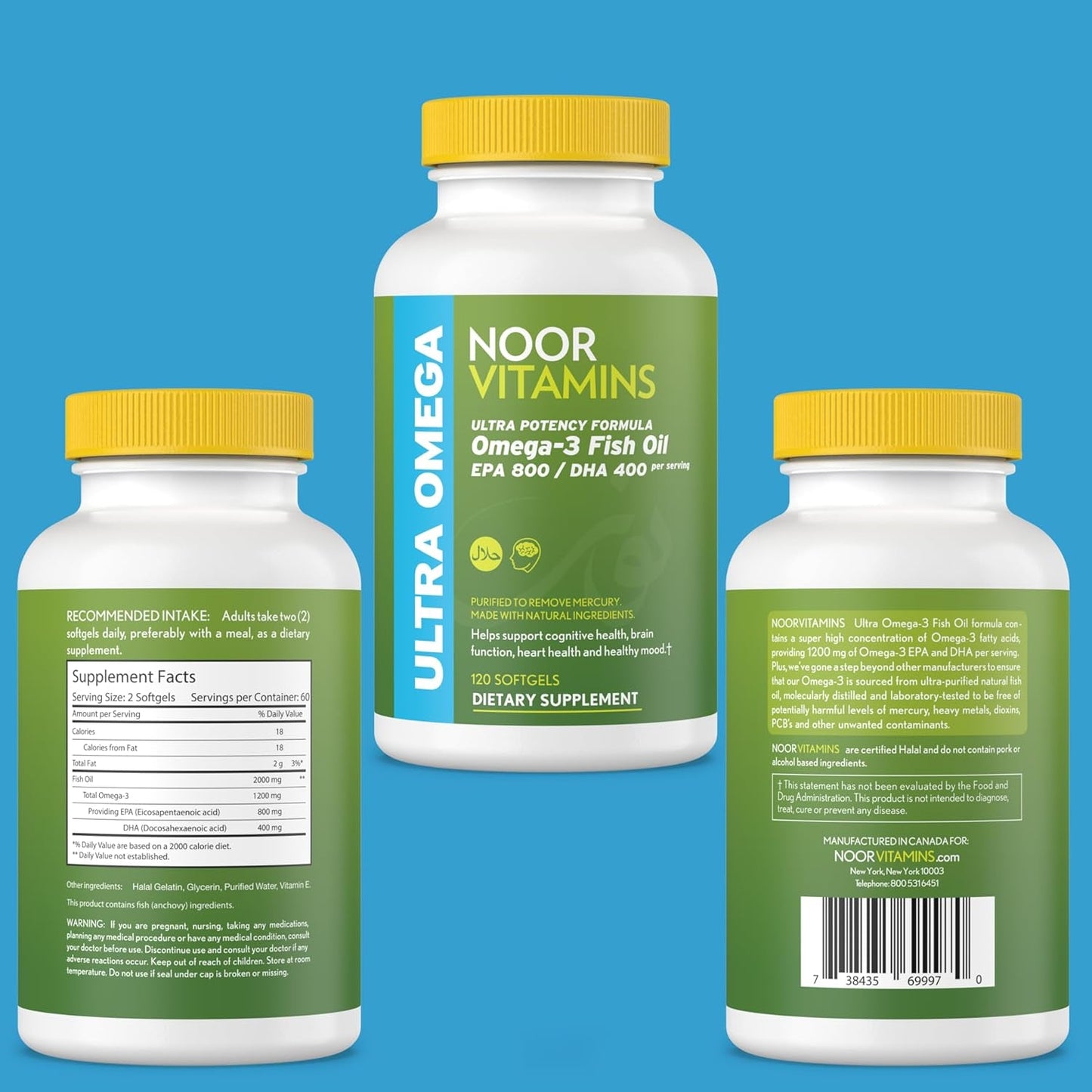 Noor Vitamins Halal Fish Oil, Ultra Omega 3 Wild Peruvian Fish Oil (800 Mg EPA & 400 Mg DHA) (120 Count)