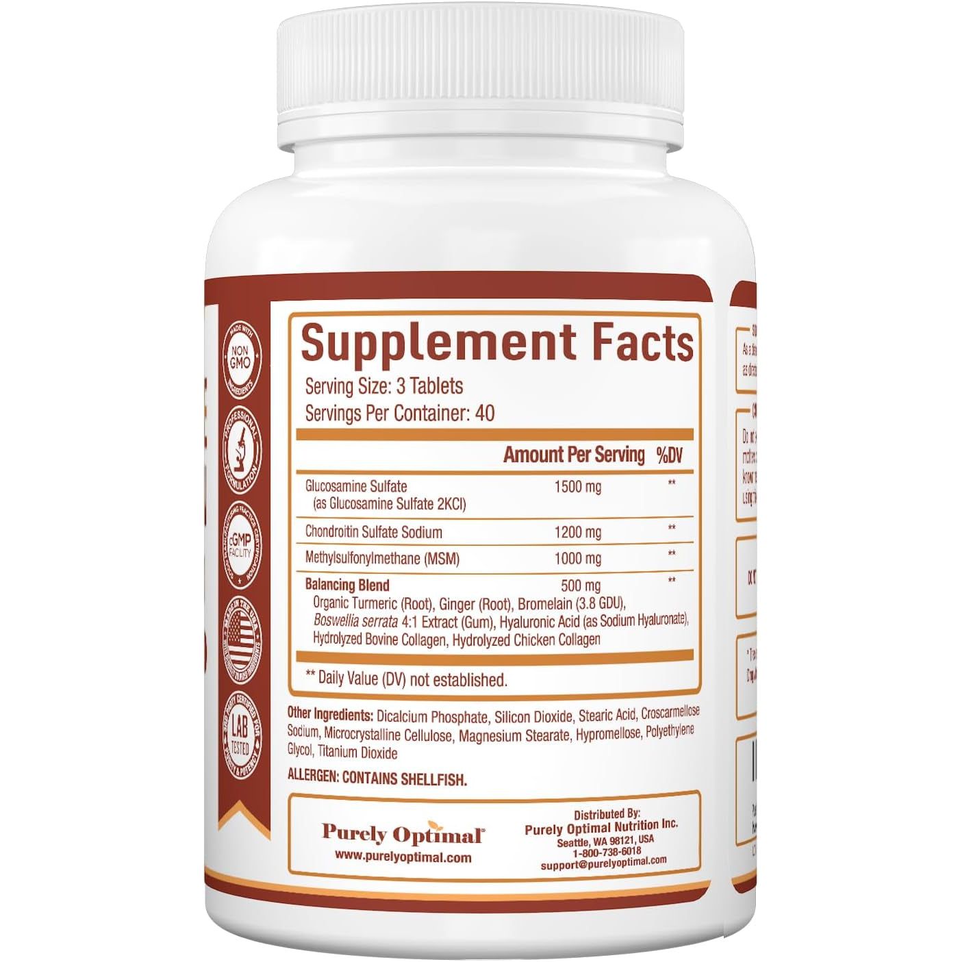 Purely Optimal Glucosamine Chondroitin MSM Supplement W/Turmeric & Boswellia - Joint Supplement - 120 Tablets