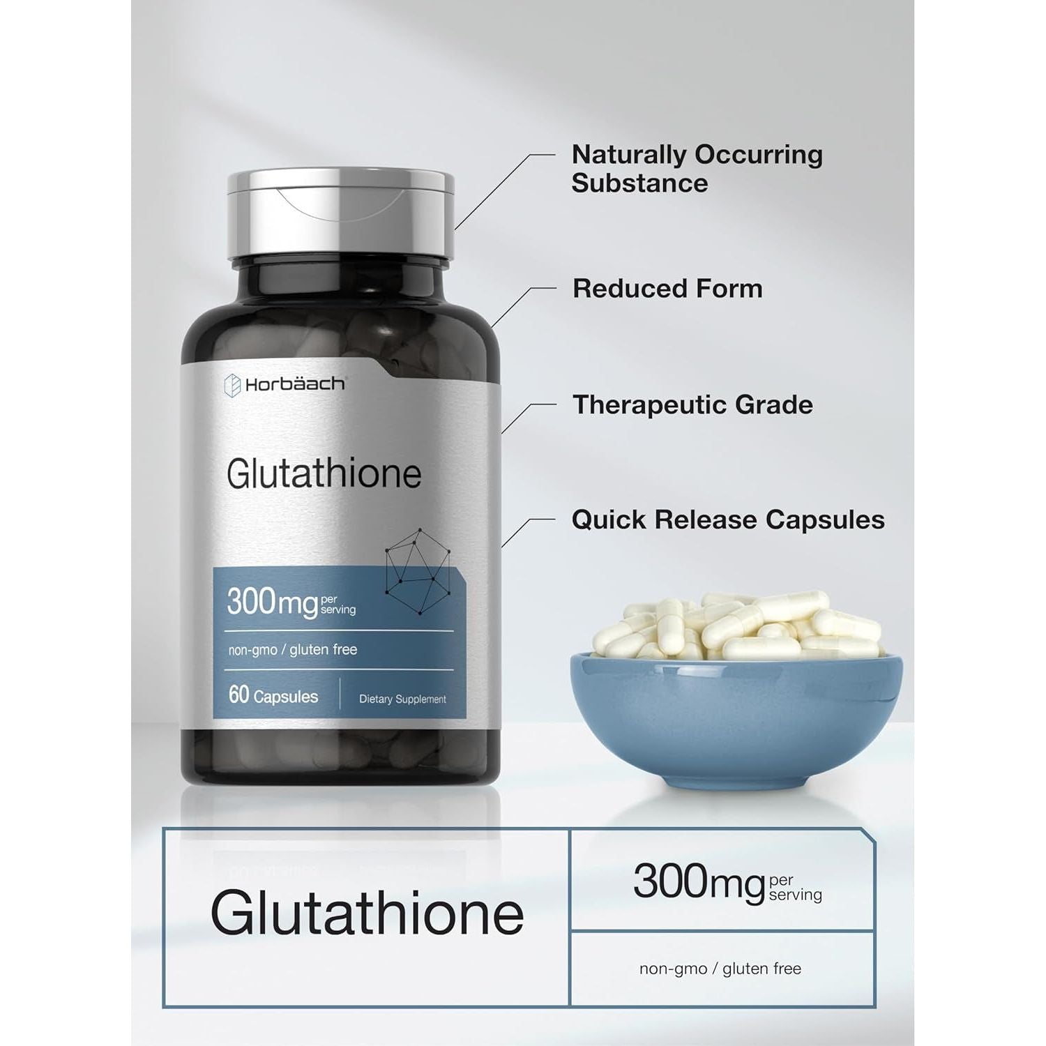 Horbaach Glutathione Supplement | 300Mg | 60 Capsules | Non-Gmo & Gluten Free | Reduced Form