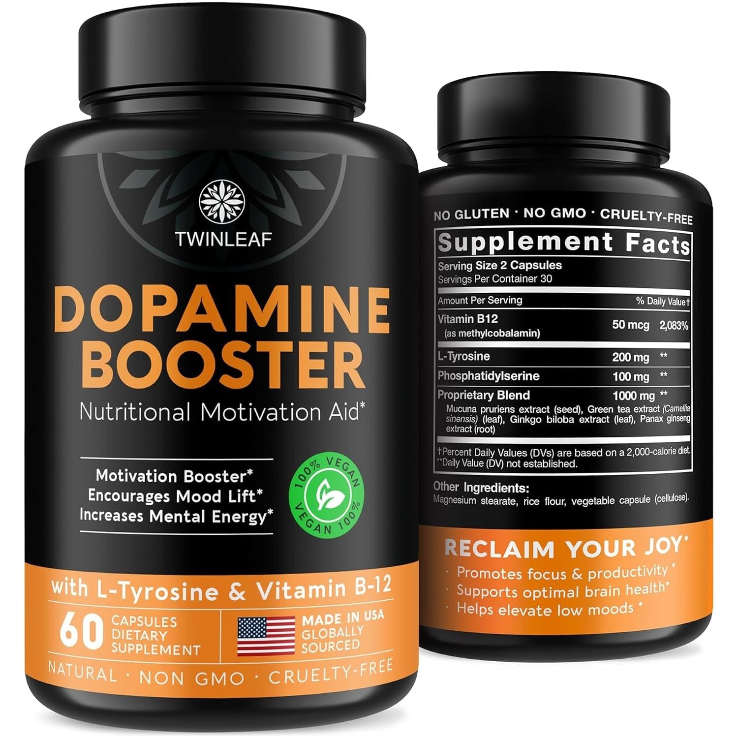 TWINLEAF Dopamine Brain Support Supplement, 1000 Mg Blend - Made in USA - Enhance Mental Well-Being - 60 Capsules
