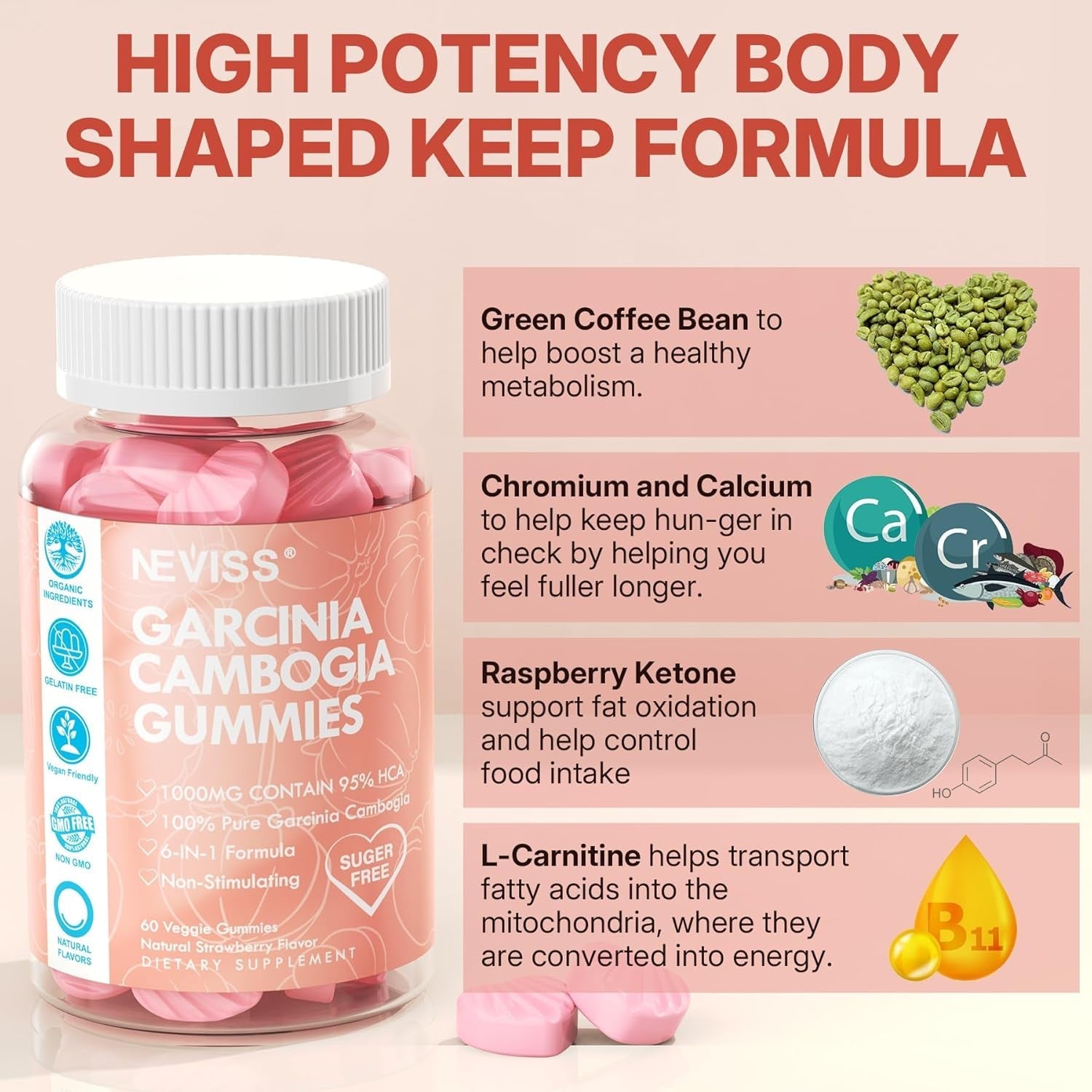 Sugar Free Garcinia Cambogia Gummies 1000Mg 95% HCA Pure Extract, Strawberry Flavor 60 Count